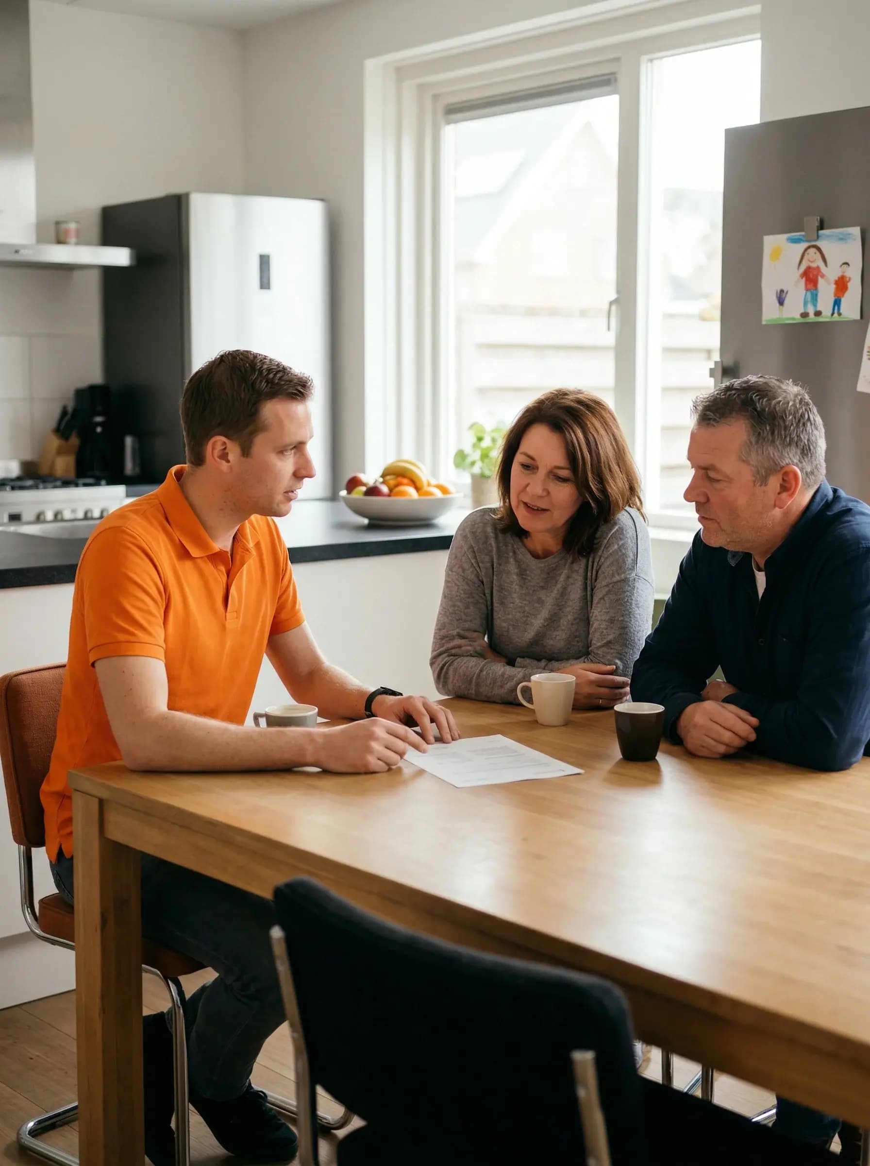 Energieadviseur bespreekt thuisbatterij-opties met huiseigenaar aan keukentafel
