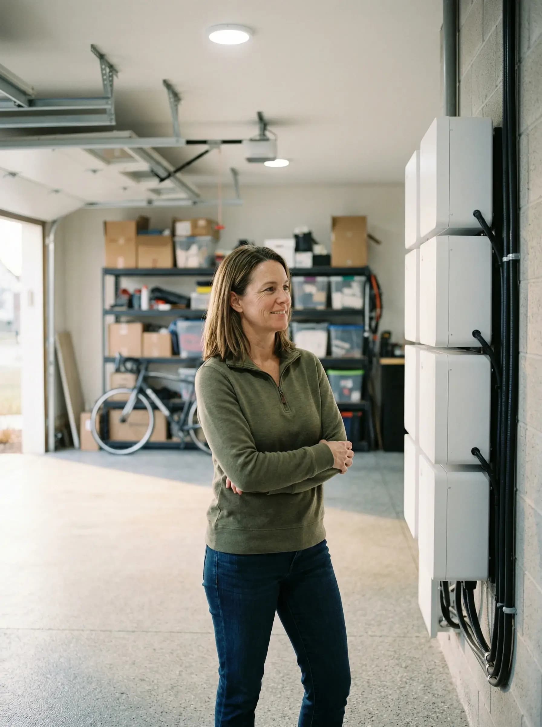 Trotse huiseigenaar staat naast grote modulaire thuisbatterij in garage