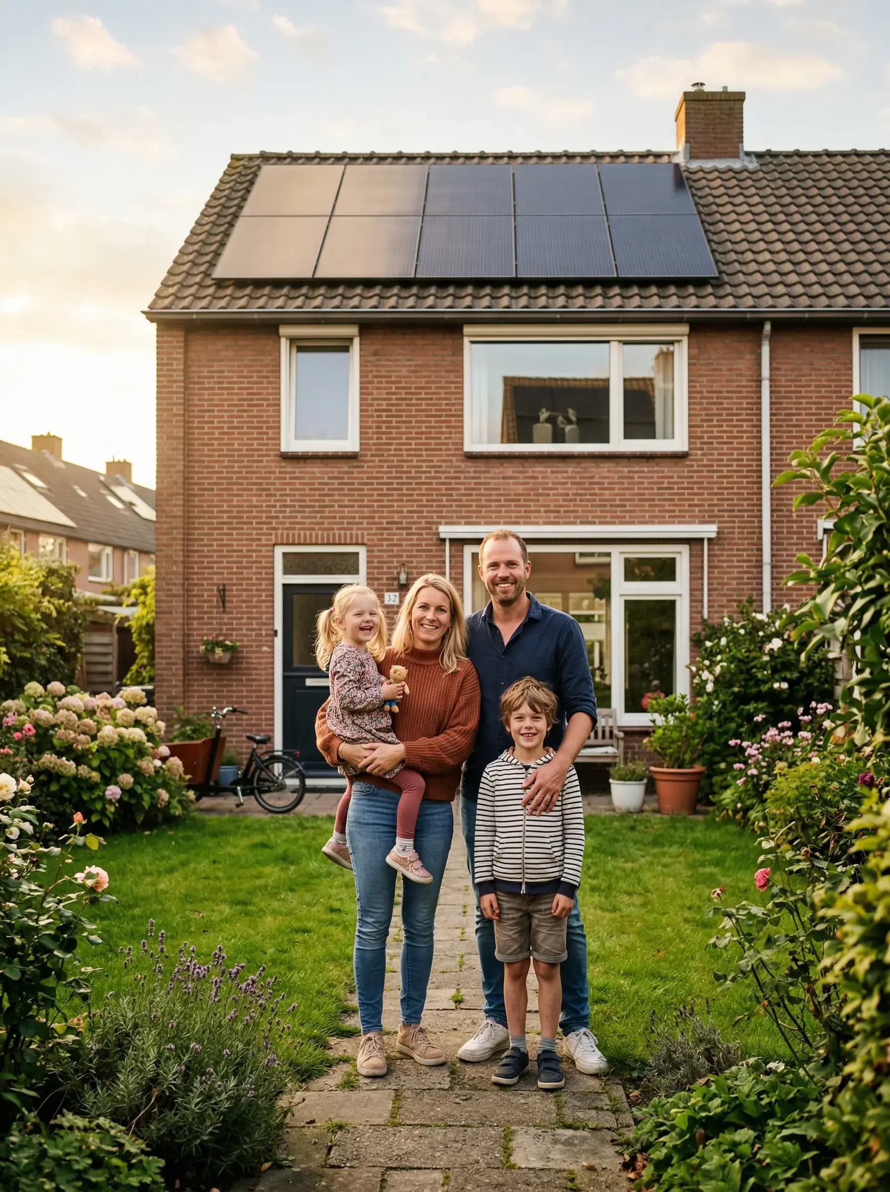 Blij gezin voor Nederlandse woning met zonnepanelen na thuisbatterij installatie