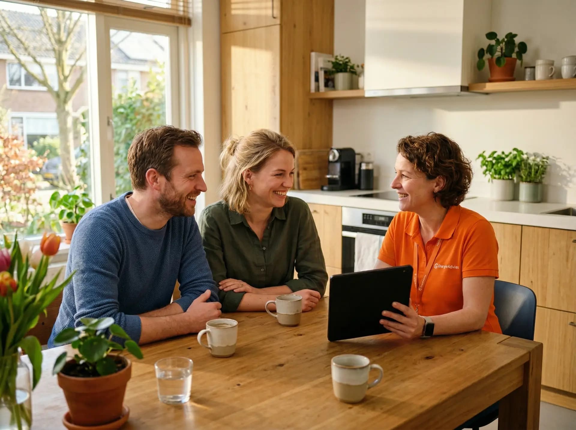 Energieadviseur bespreekt installatiekosten thuisbatterij met huiseigenaar aan keukentafel