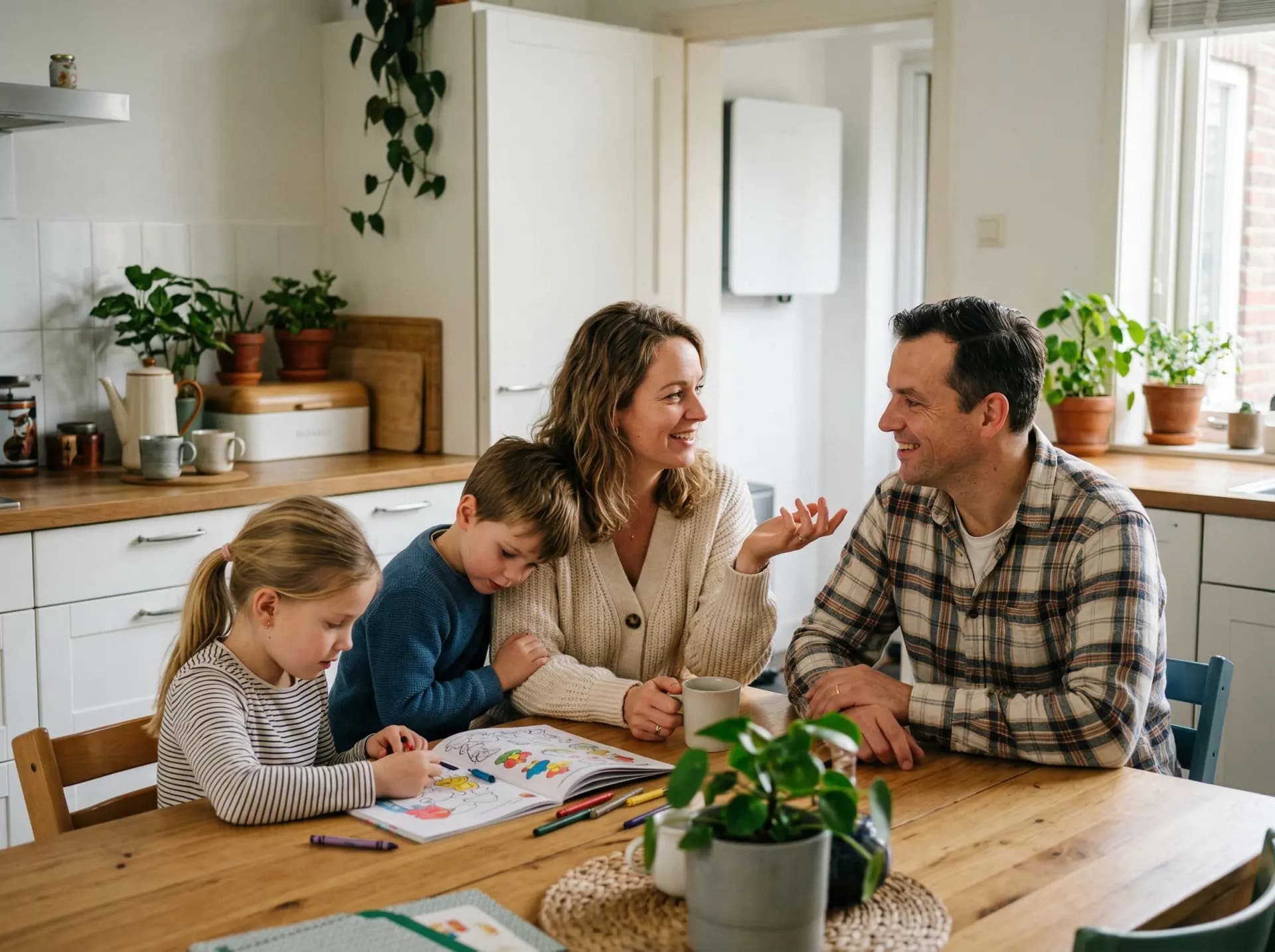 Gezin aan keukentafel bespreekt energieadvies met thuisbatterij-documentatie