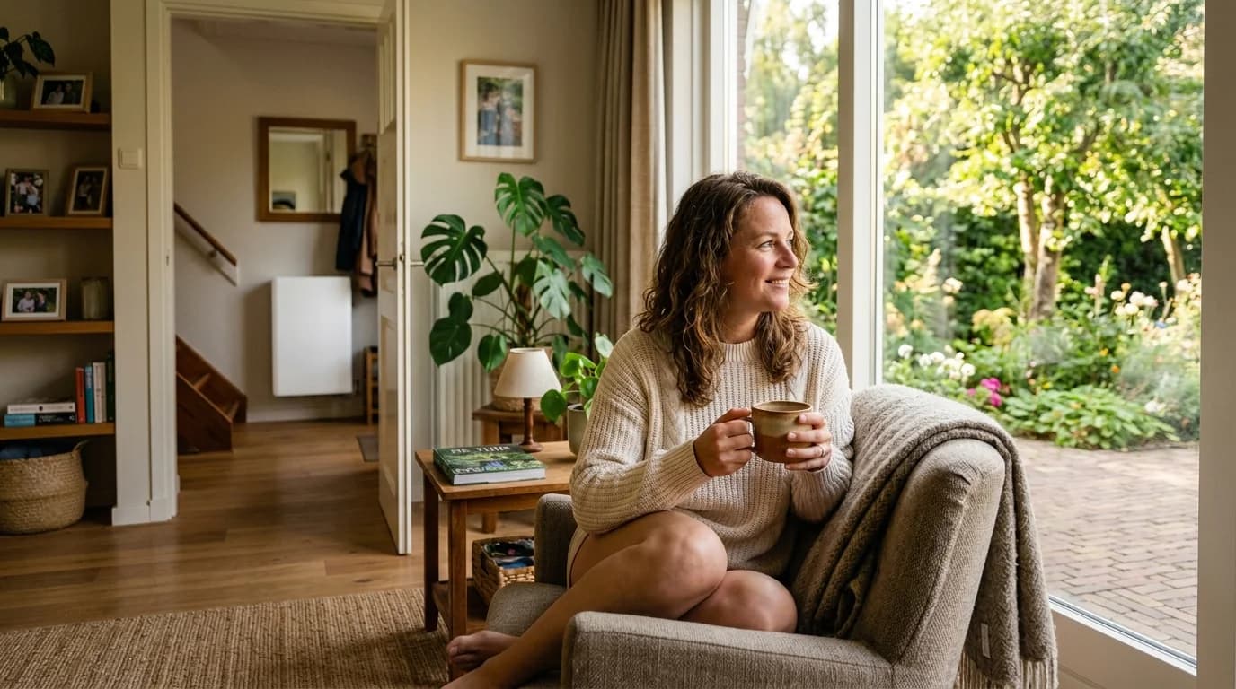 Ontspannen vrouw geniet van koffie in warme woonkamer met thuisbatterij zichtbaar in de hal
