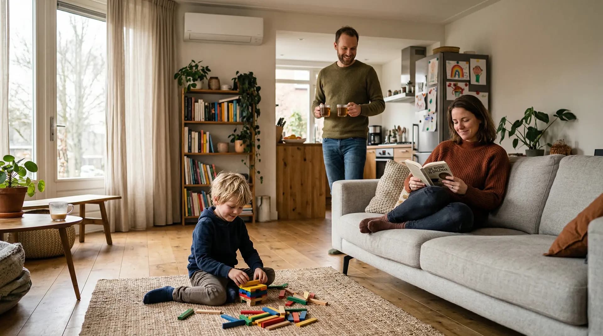 Gezin geniet van comfortabele warmte in een woonkamer met vloerverwarming