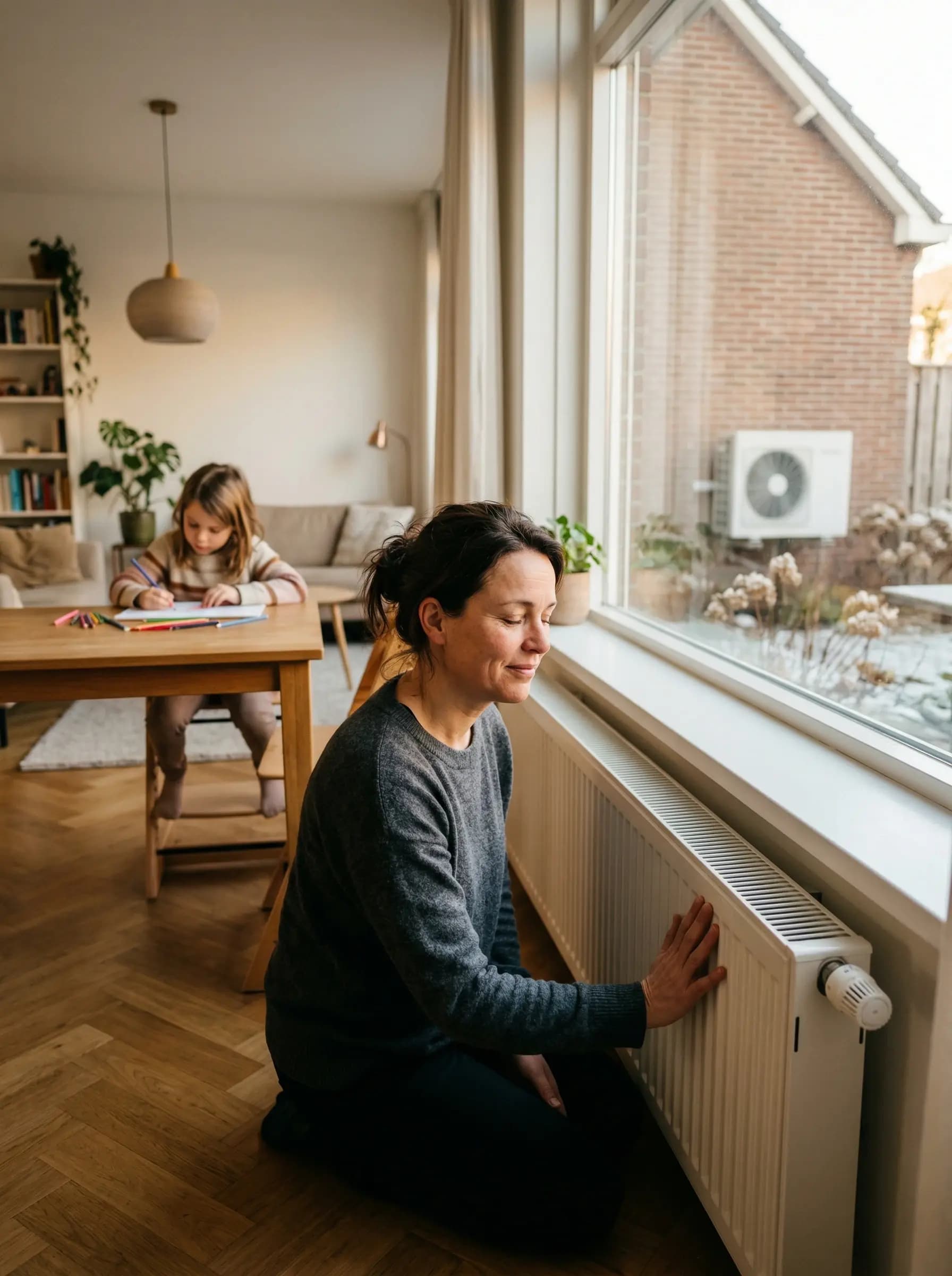 Huiseigenaar voelt aan warme radiator in gezellige woonkamer met winterlicht