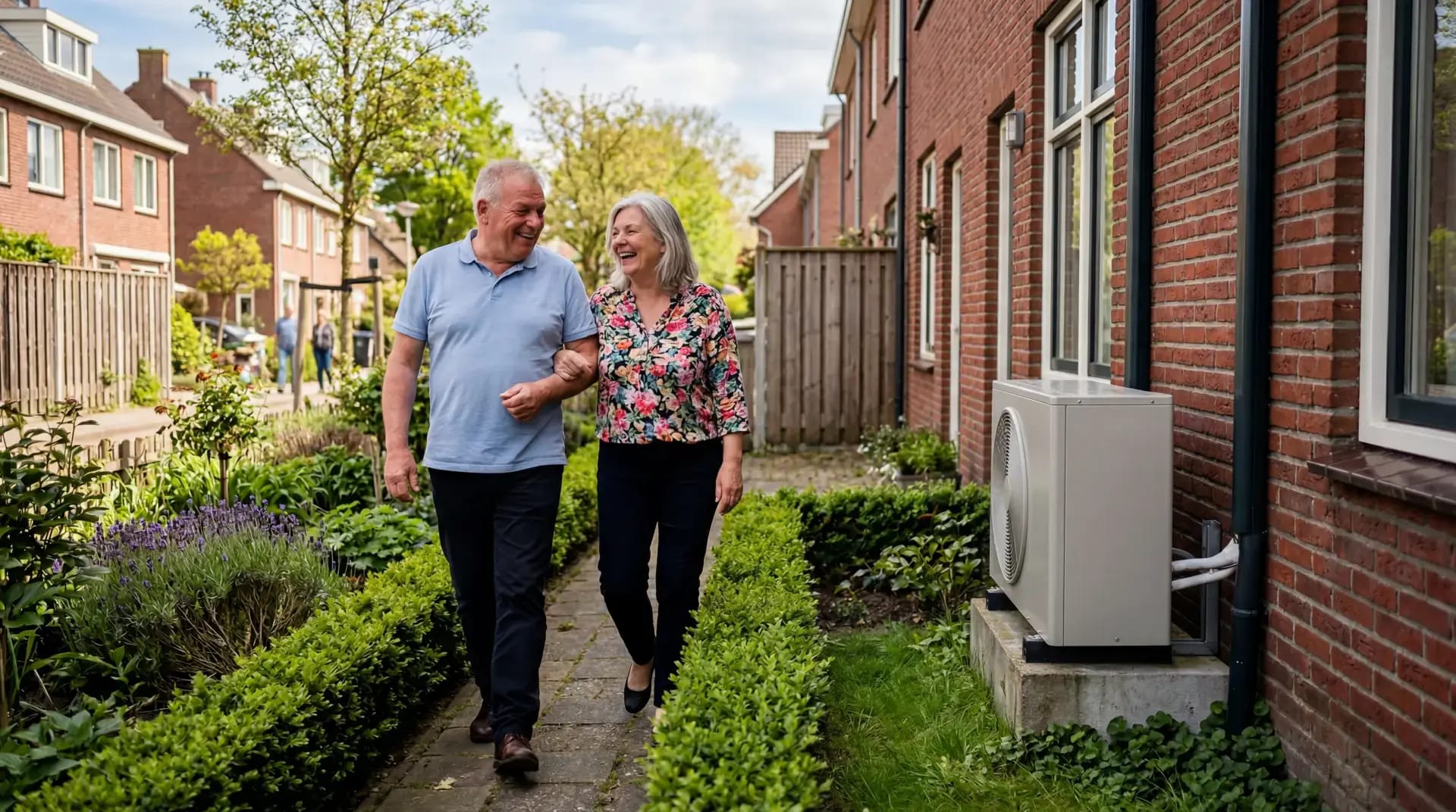 Hybride warmtepomp buitenunit geïnstalleerd in de tuin van een bestaande rijtjeswoning