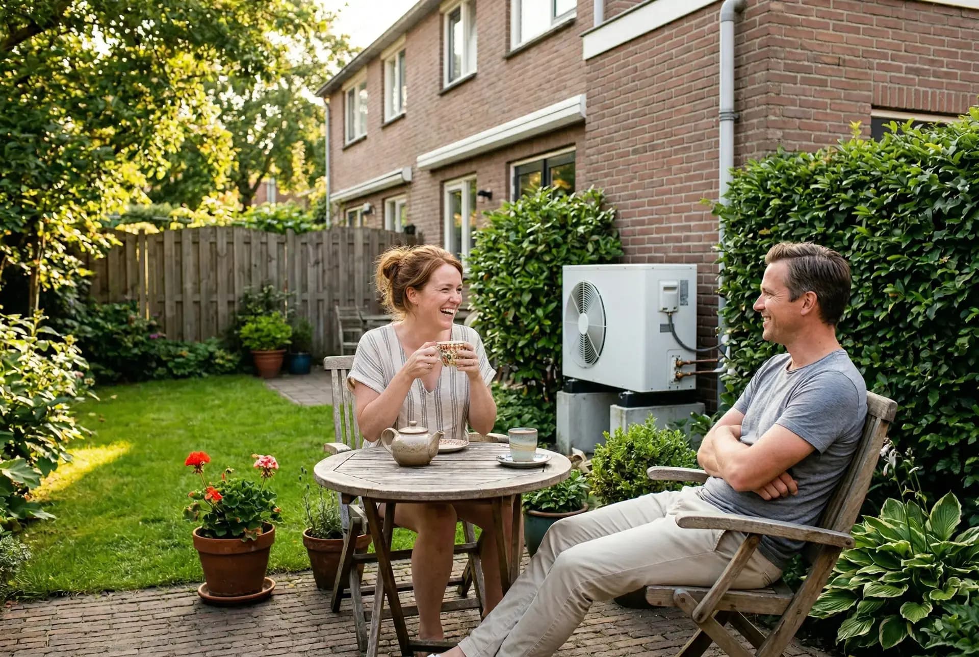 Jong stel ontspannen in achtertuin met warmtepomp buitenunit langs de achtergevel
