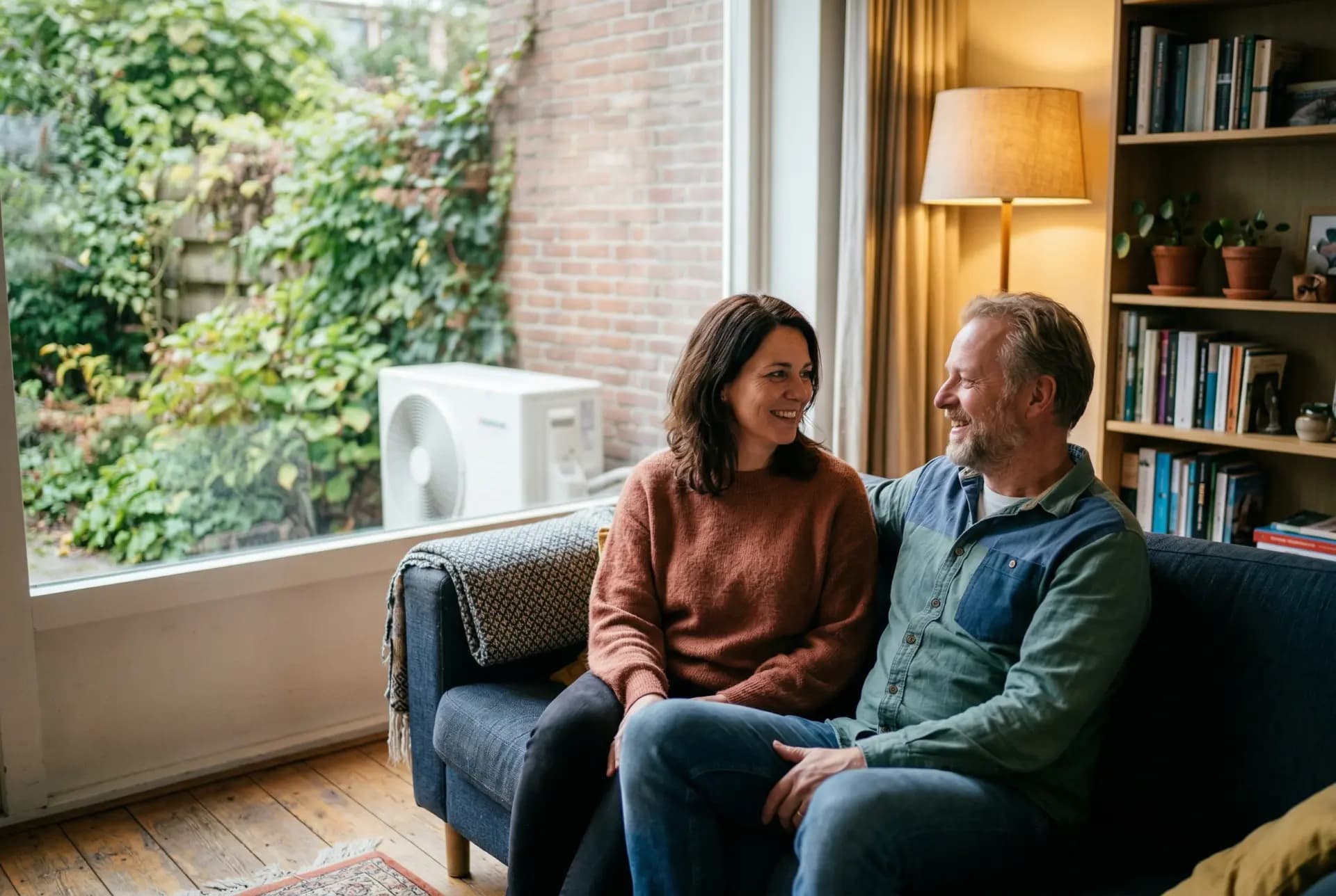 Stel zit ontspannen op de bank in warme woonkamer, warmtepomp zichtbaar buiten het raam