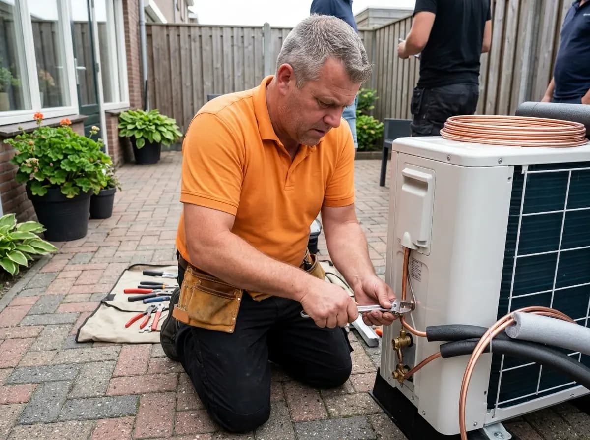 Installateur plaatst Daikin Altherma hybride warmtepomp buitenunit in tuin