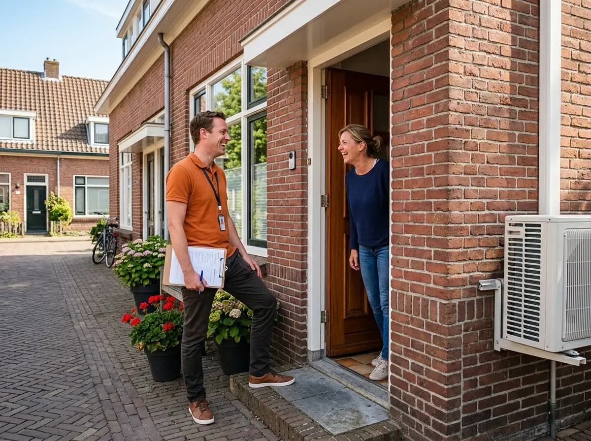 Huiseigenaar bespreekt Daikin warmtepomp opties aan keukentafel met adviseur