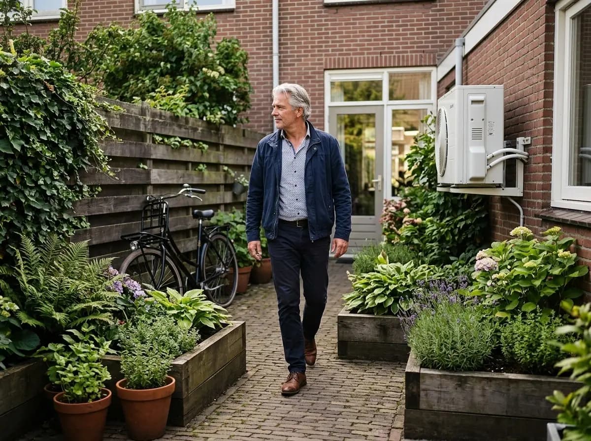 Huiseigenaar loopt door tuin met Daikin warmtepomp buitenunit op de achtergrond