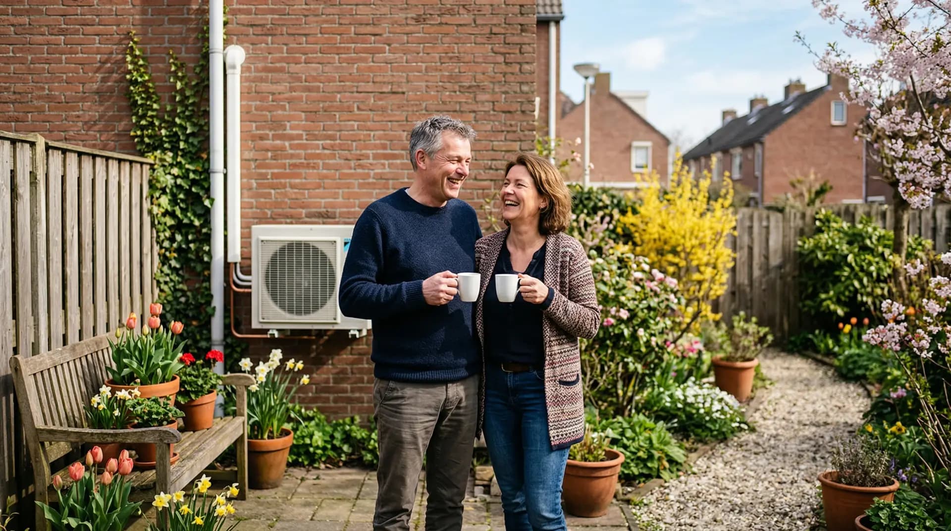 Echtpaar in tuin bij Nederlandse woning met WeHeat warmtepomp buitenunit zichtbaar