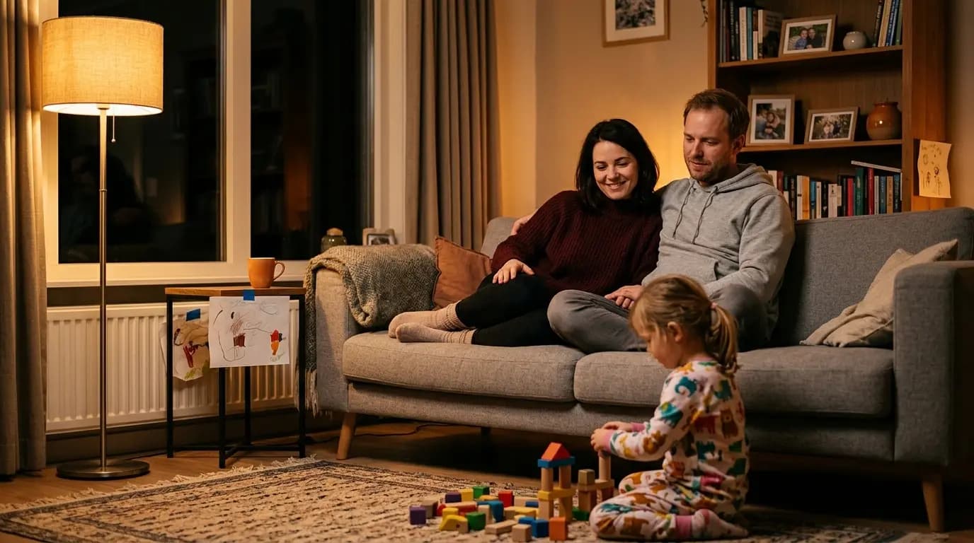 Gezin geniet van warmte in woonkamer verwarmd met NIBE hybride warmtepomp