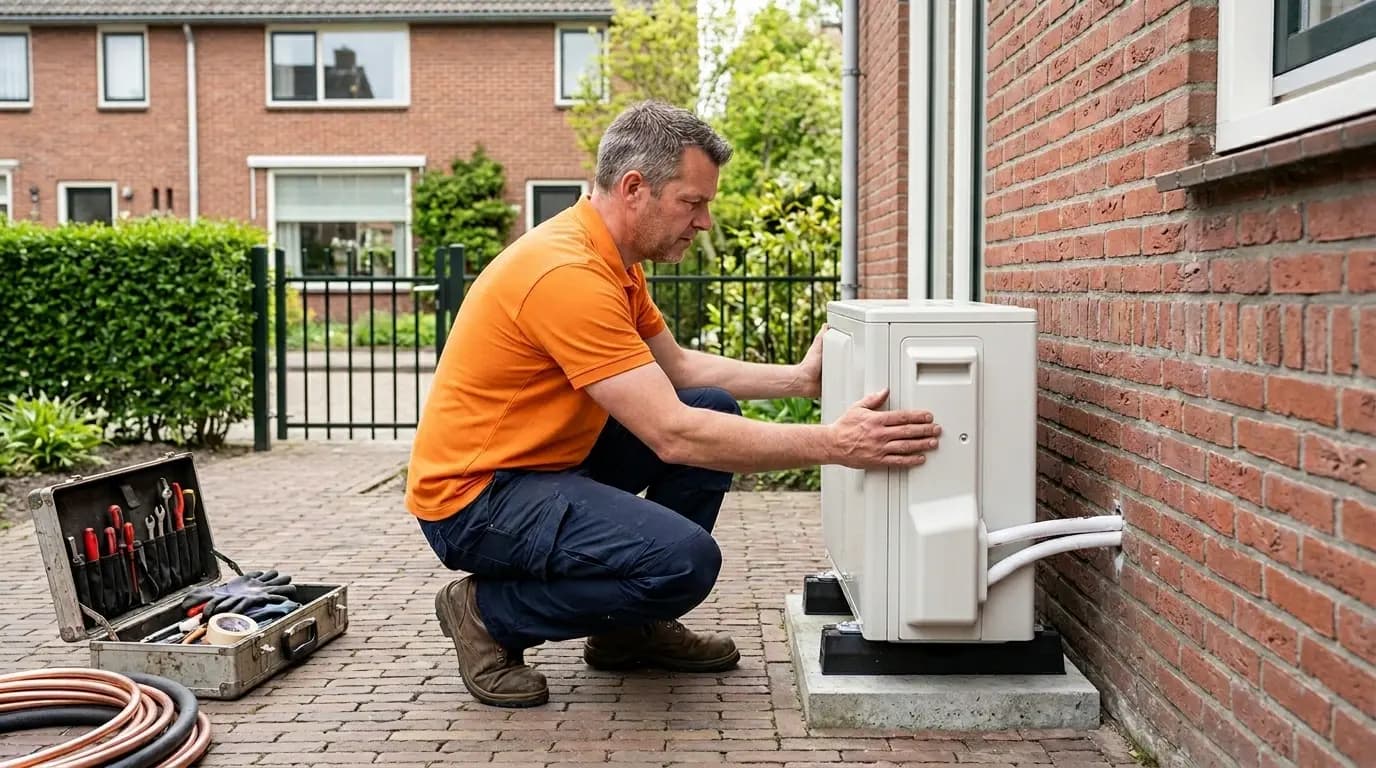 Installateur plaatst NIBE S2125 monoblock warmtepomp in tuin van woning