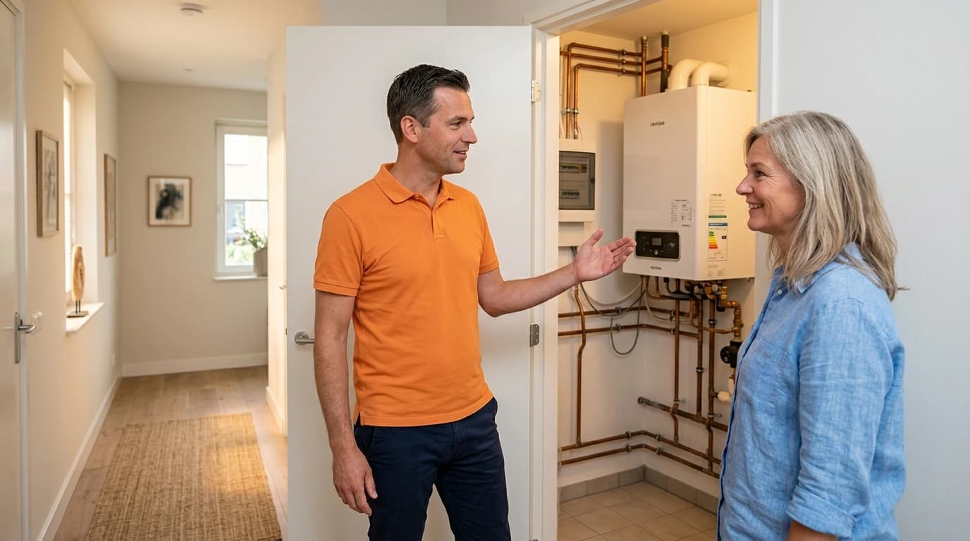 NIBE warmtepomp binnenunit compact geplaatst naast meterkast