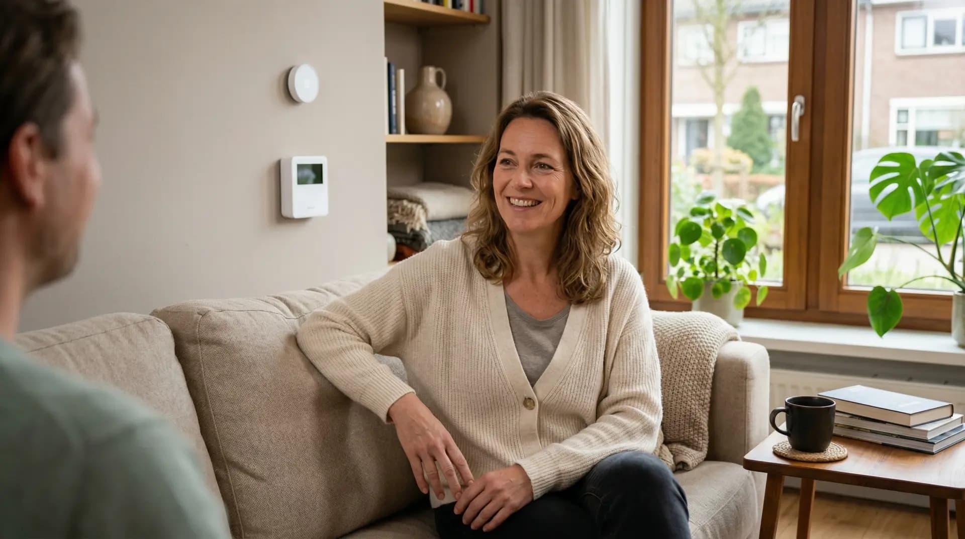 Huiseigenaar ontspannen in woonkamer met warmtepomp thermostaat zichtbaar op de muur