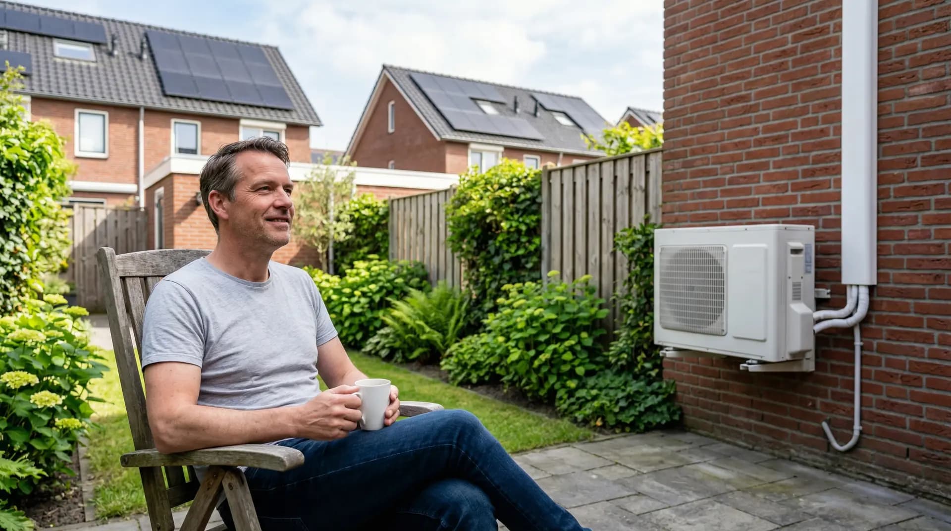 Huiseigenaar drinkt koffie op terras met warmtepomp buitenunit aan de muur