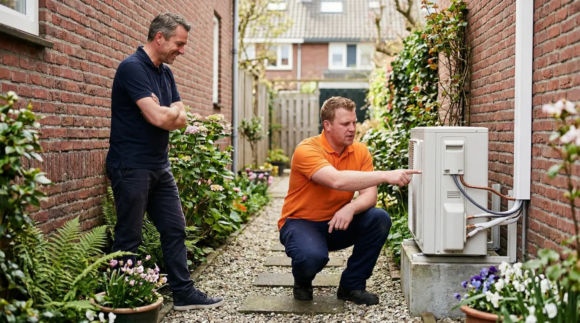 Installateur plaatst Quatt hybride warmtepomp buitenunit in tuin van Nederlandse woning