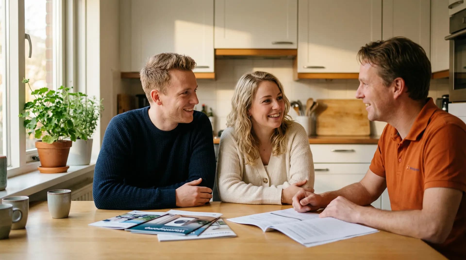 Stel bespreekt warmtepomp advies met energieadviseur in oranje polo aan keukentafel