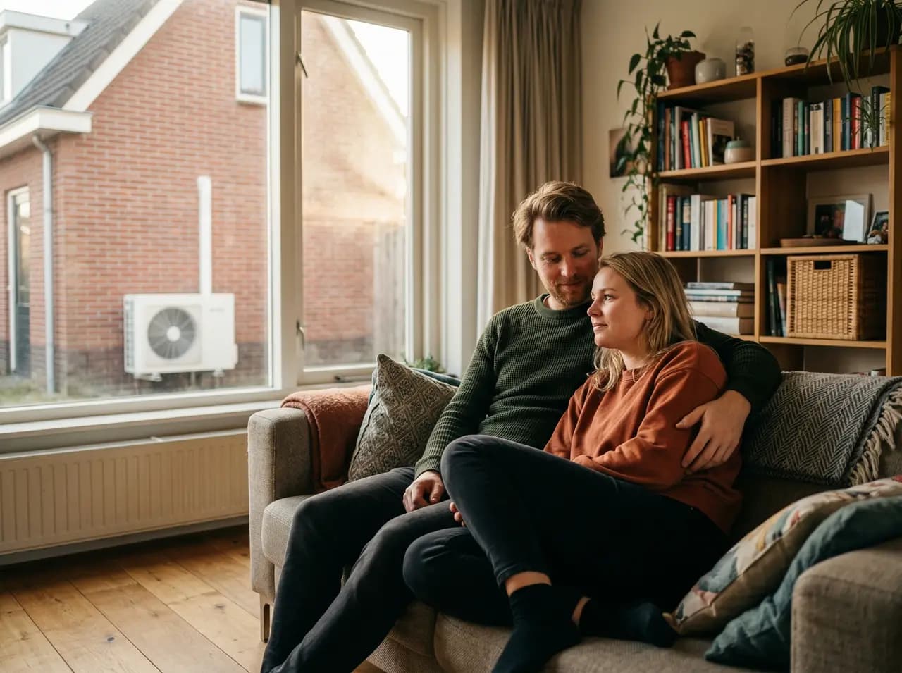 Jong koppel ontspant op de bank in een warme woonkamer met monoblock warmtepomp zichtbaar buiten