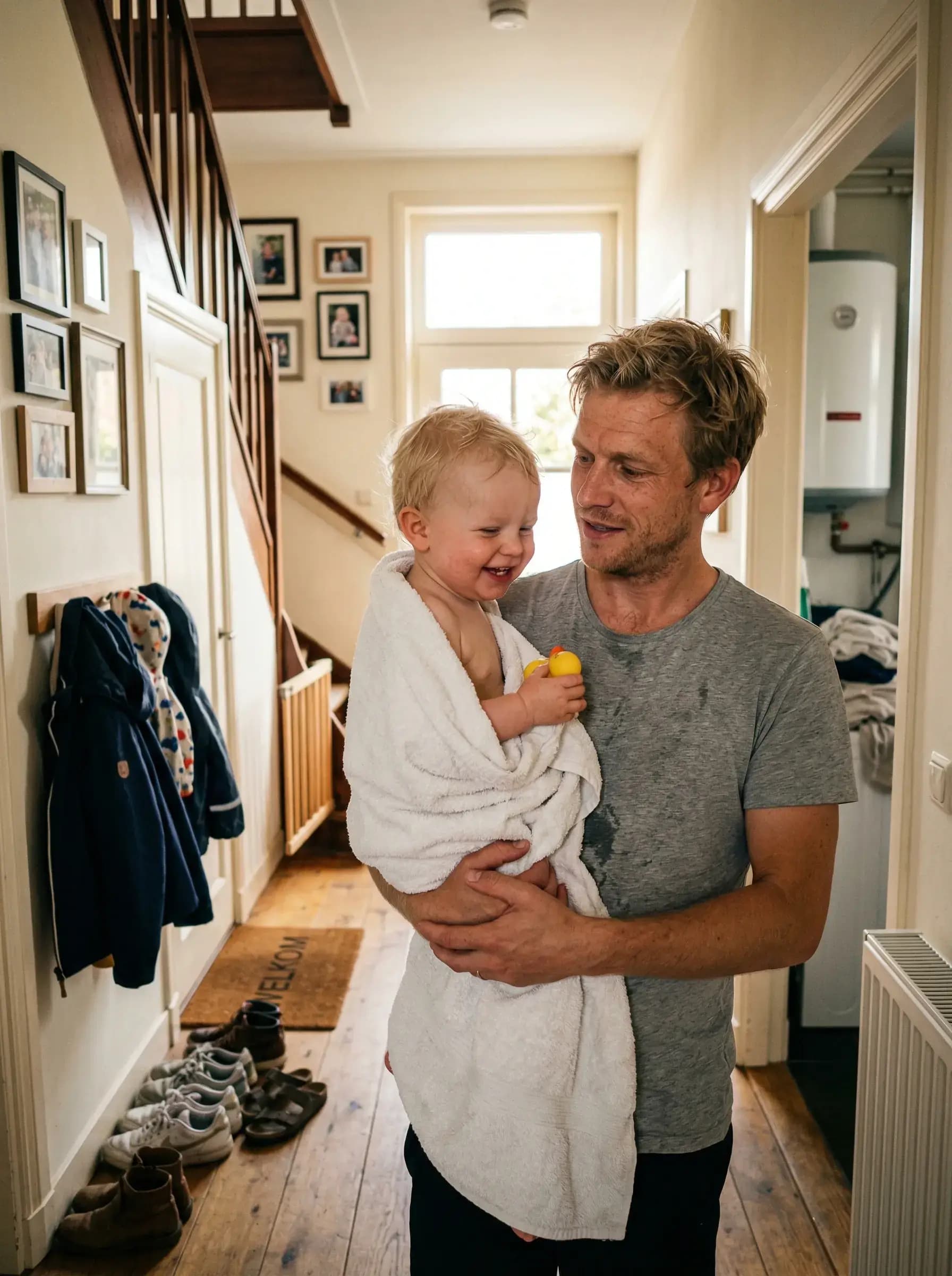 Gezin geniet van warm water in moderne badkamer met warmtepomp installatie