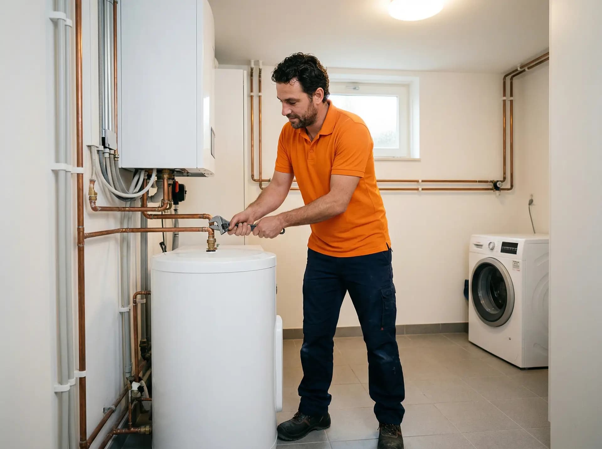 Technische ruimte met boilervat en warmtepomp binnenunit naast elkaar