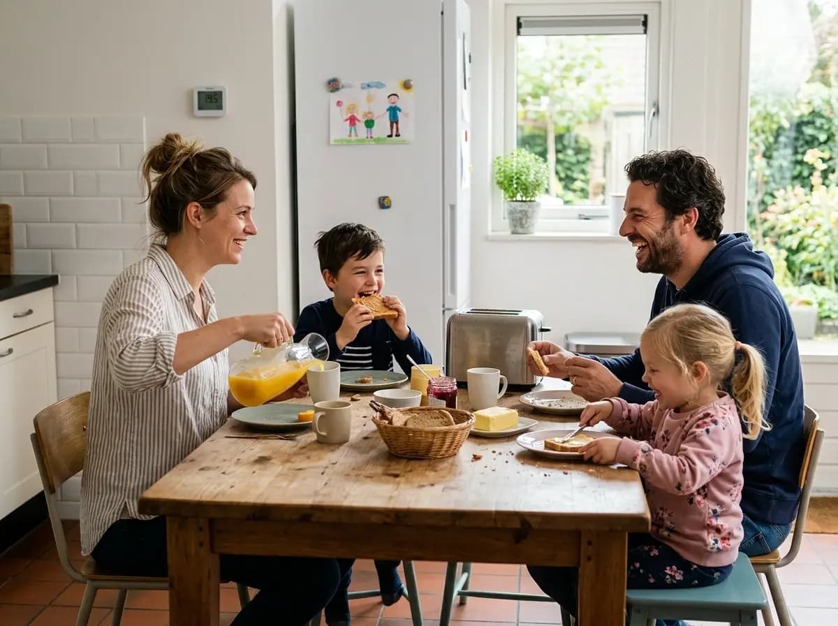 Jong gezin ontbijt samen in warme moderne keuken van energiezuinige Nederlandse woning