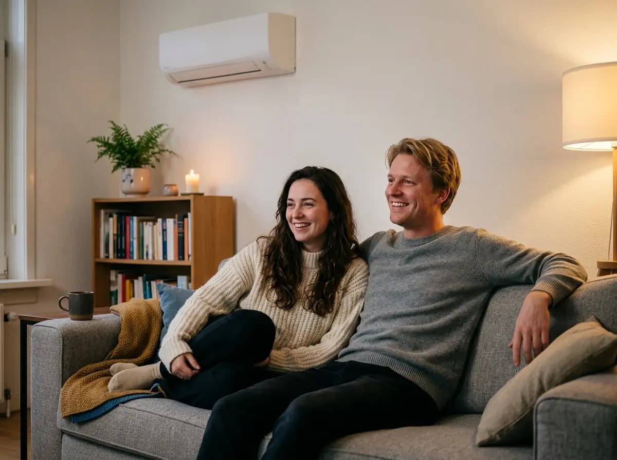 Jong stel ontspant samen op de bank in een warme comfortabele woonkamer met warmtepomp verwarming