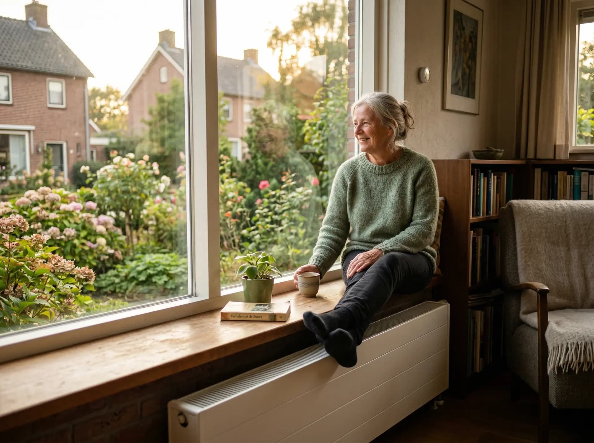 Strakke lage temperatuur radiator in moderne woonkamer met warmtepomp