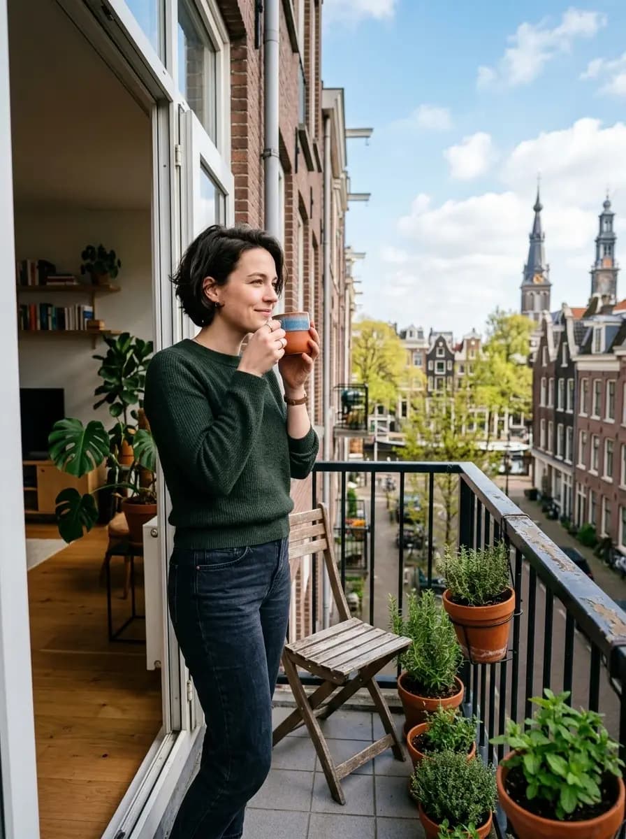 Bewoner geniet van warmte in appartement met stadsgezicht zonder zichtbare warmtepomp buitenunit
