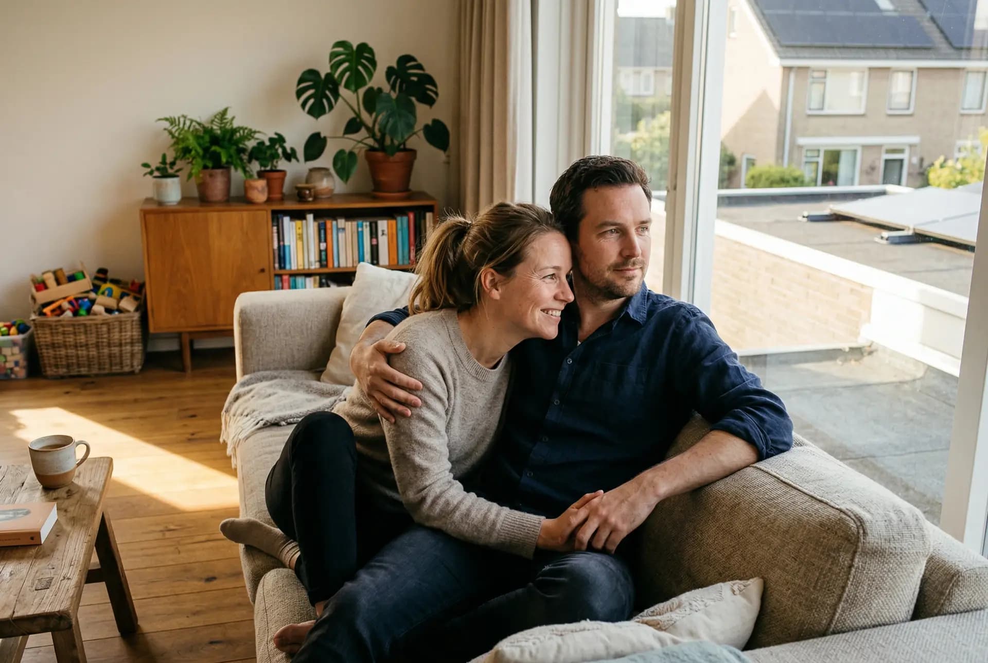 Echtpaar ontspant in woonkamer van woning met zonnepanelen op plat dak