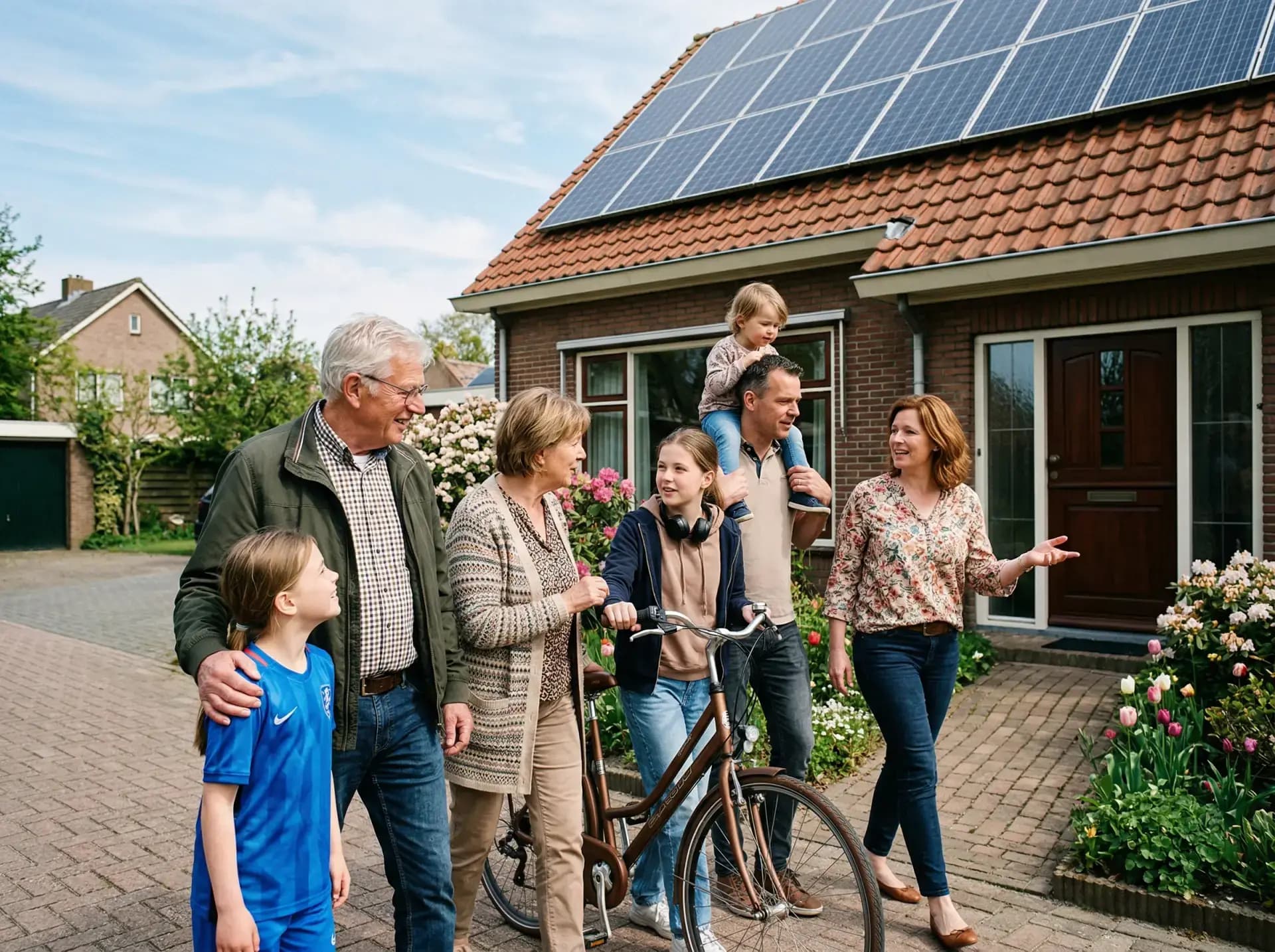 Groot gezin voor vrijstaande woning met veel zonnepanelen op het dak