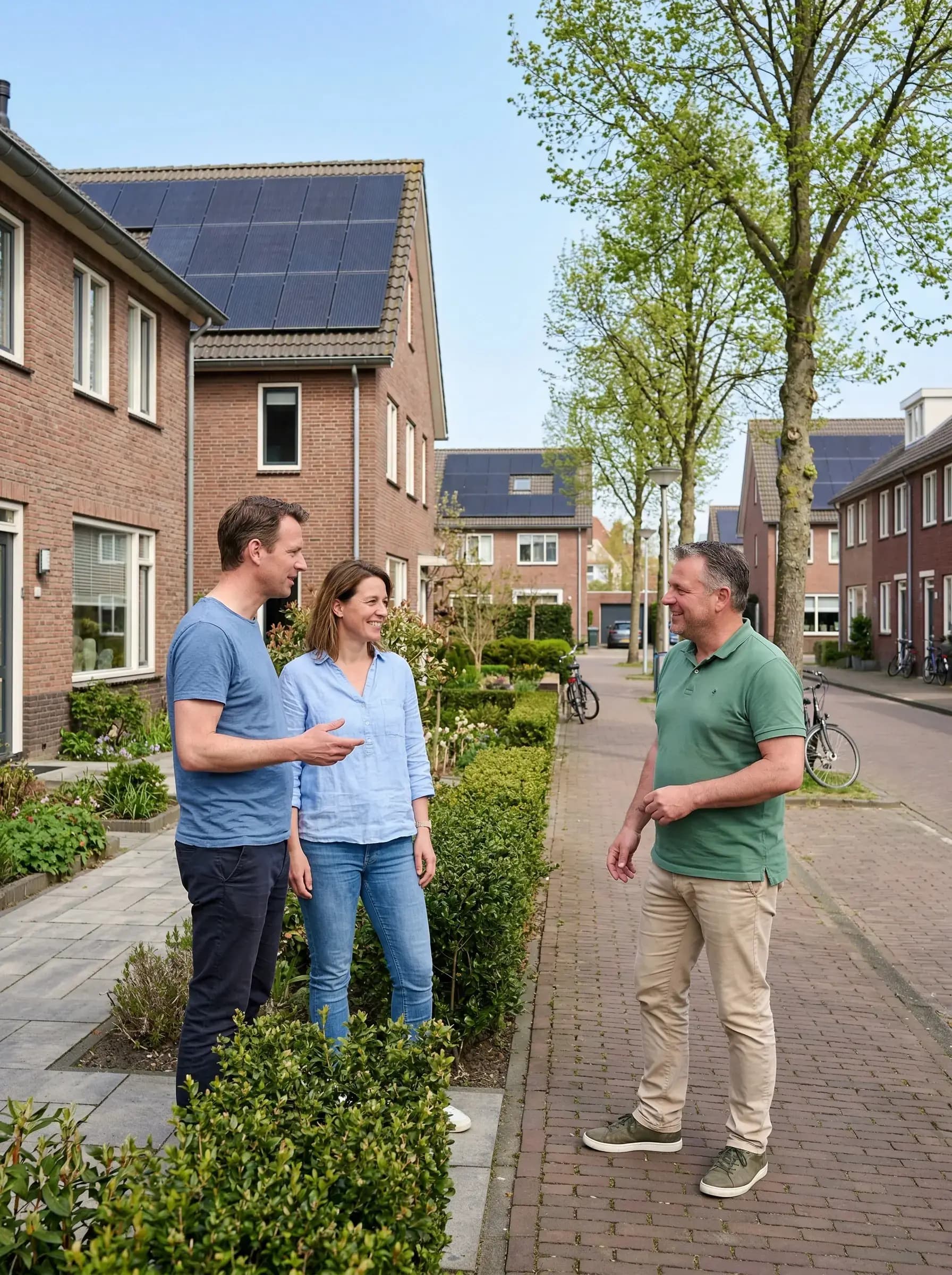Huiseigenaar bekijkt zonnepanelen op dak vanuit de tuin terwijl buren meekijken
