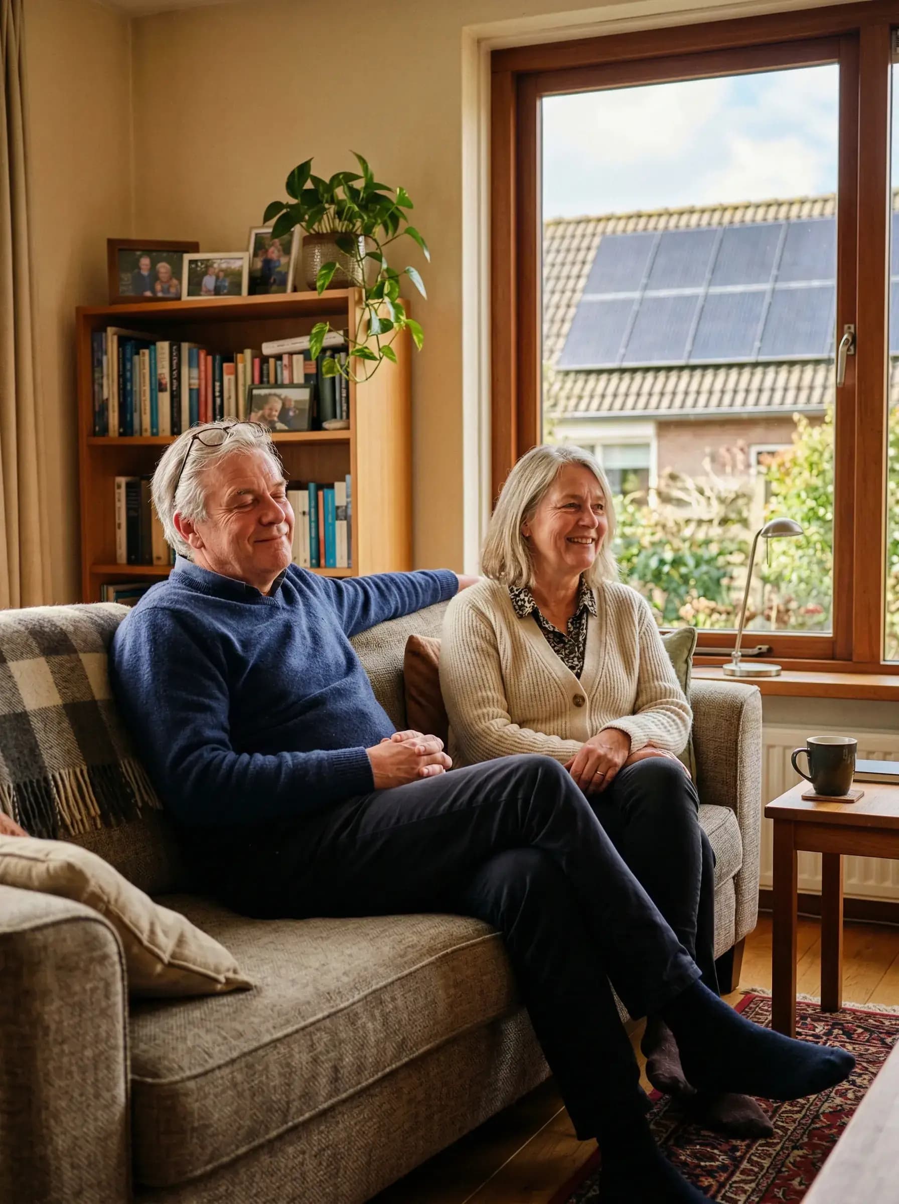 Ouder echtpaar ontspant tevreden in woonkamer van hun energiezuinige woning met zonnepanelen