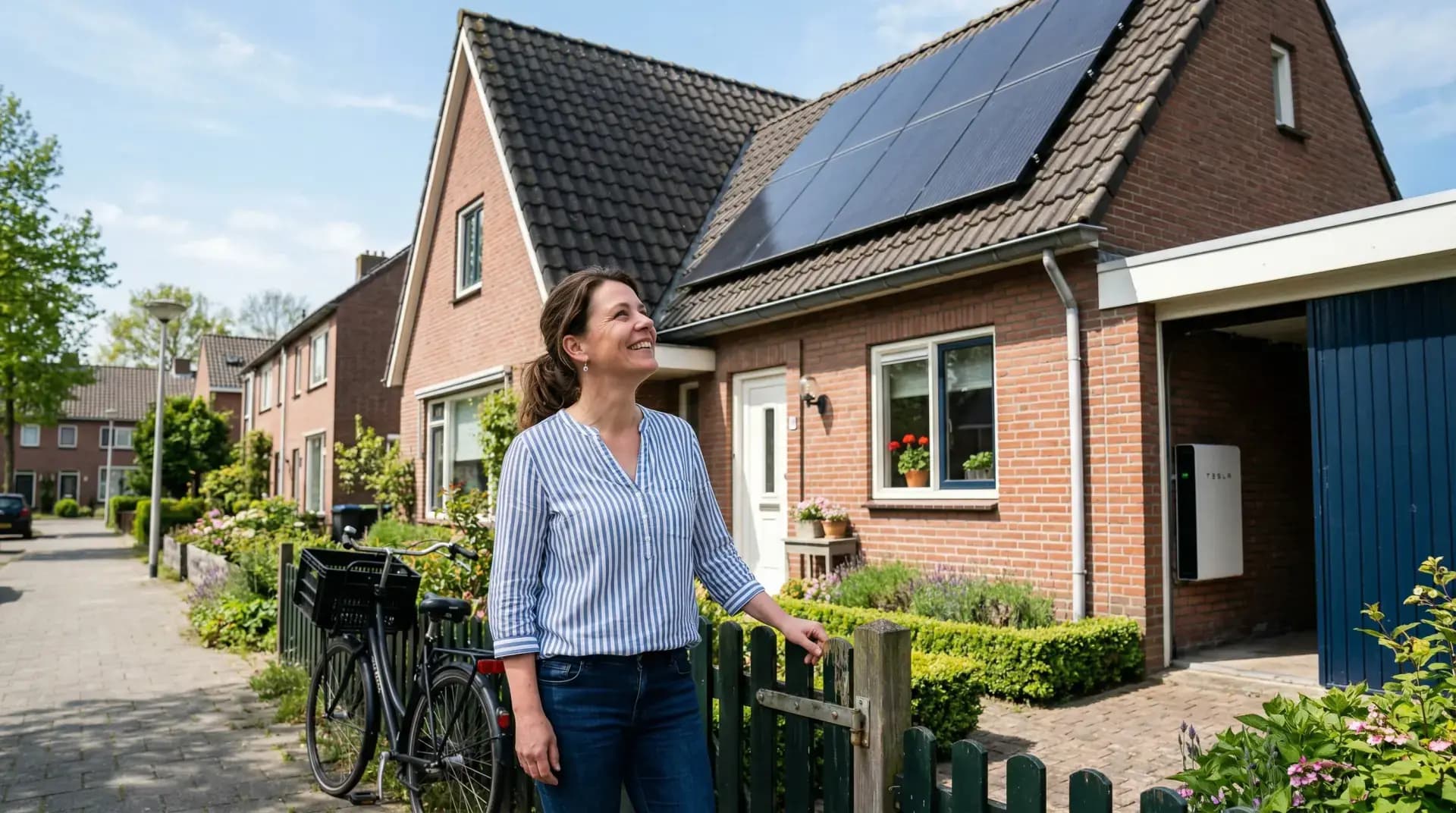 Huiseigenaar kijkt trots naar zonnepanelen met batterij op het dak van haar woning