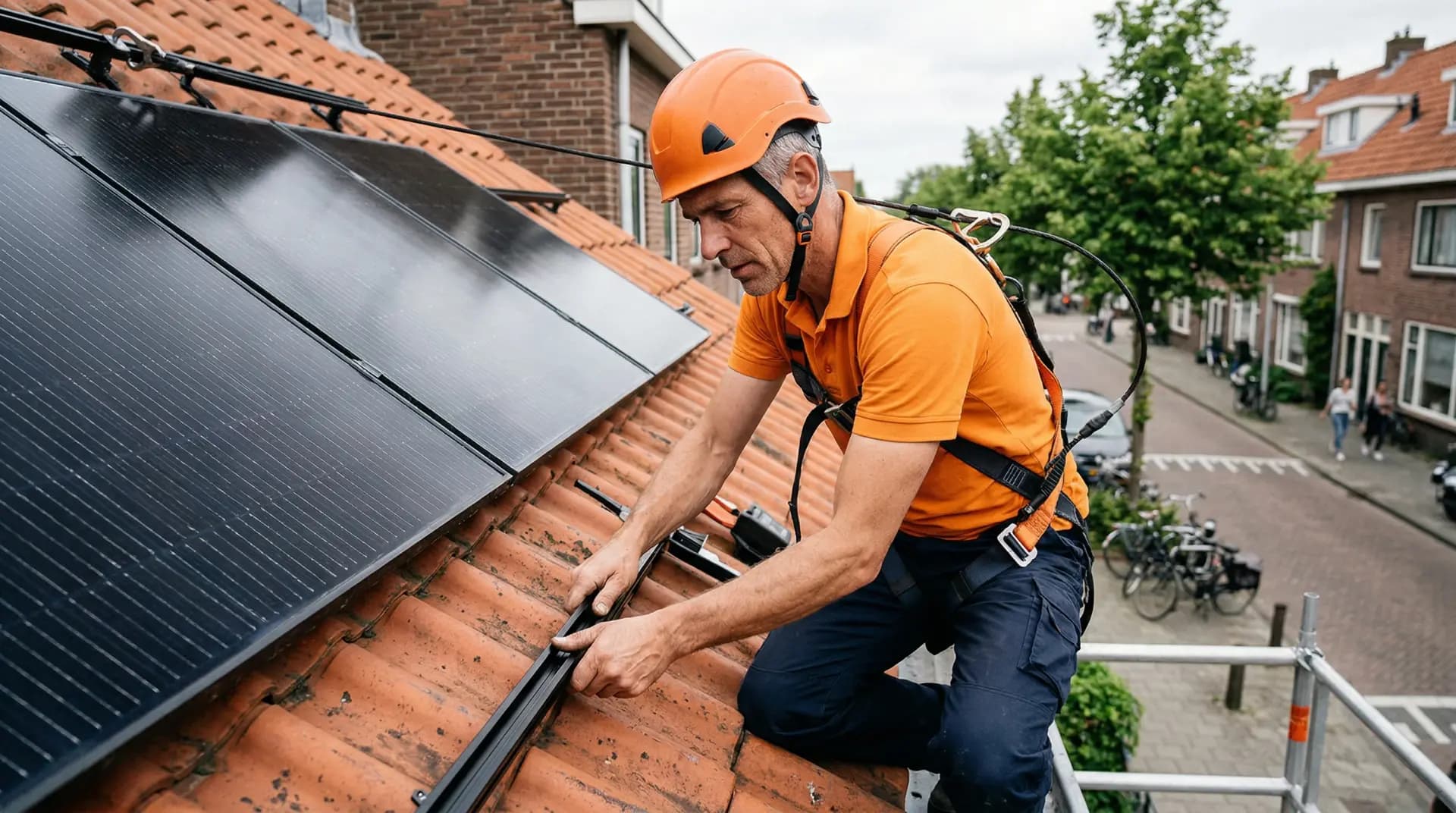 Installateur met veiligheidsharnas plaatst zonnepanelen op het schuine dak van een rijtjeswoning