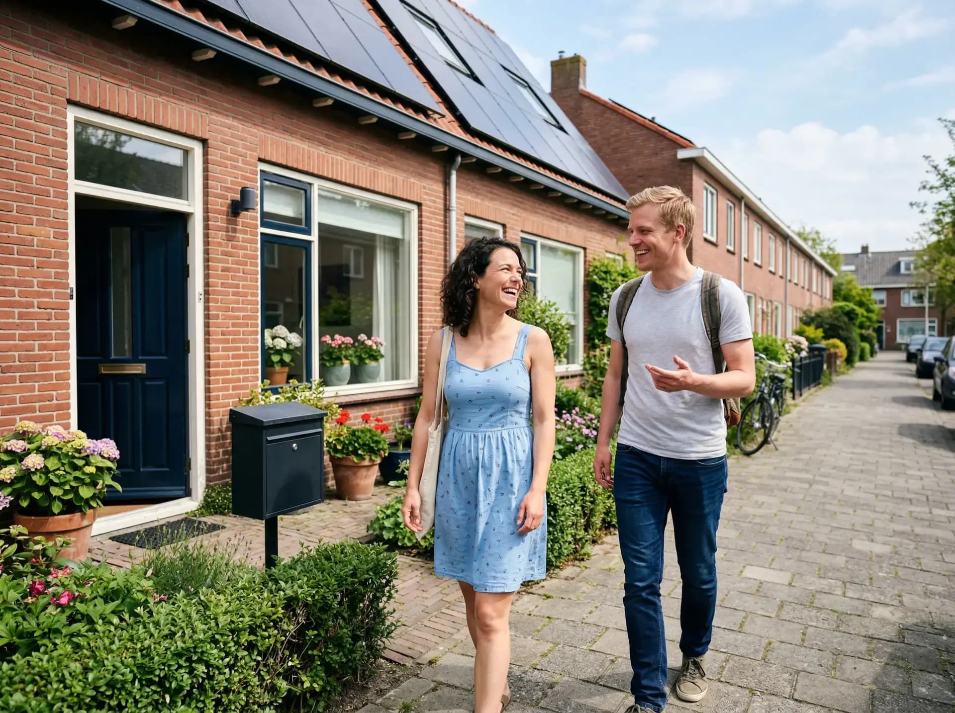 Jong stel voor hun rijwoning met zonnepanelen op het dak