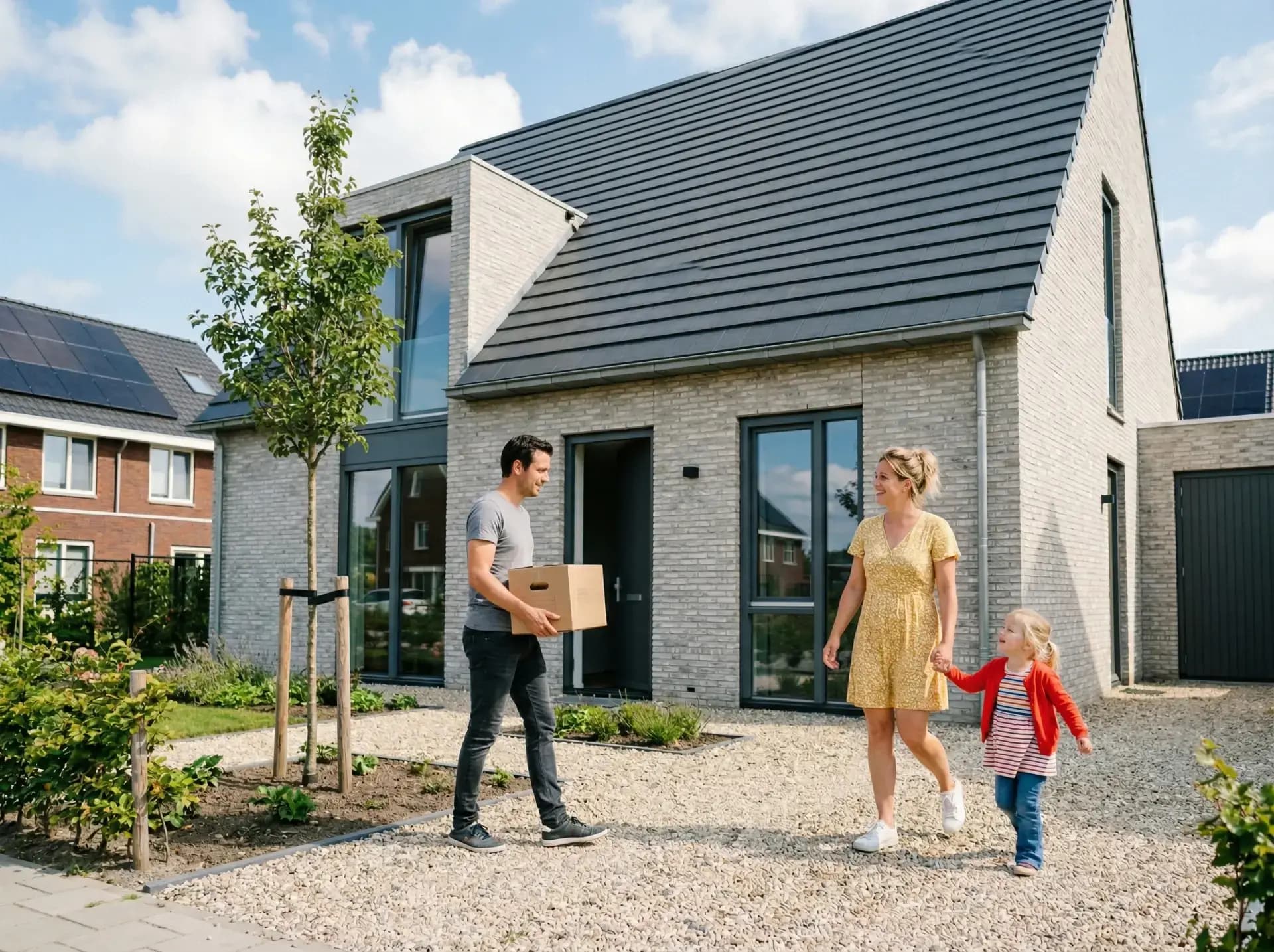 Moderne nieuwbouwwoning met geïntegreerde zonnedakpannen op het dak