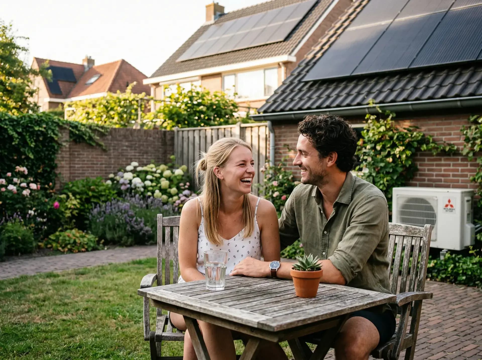 Tevreden jong stel ontspannen in achtertuin met zonnepanelen op het dak
