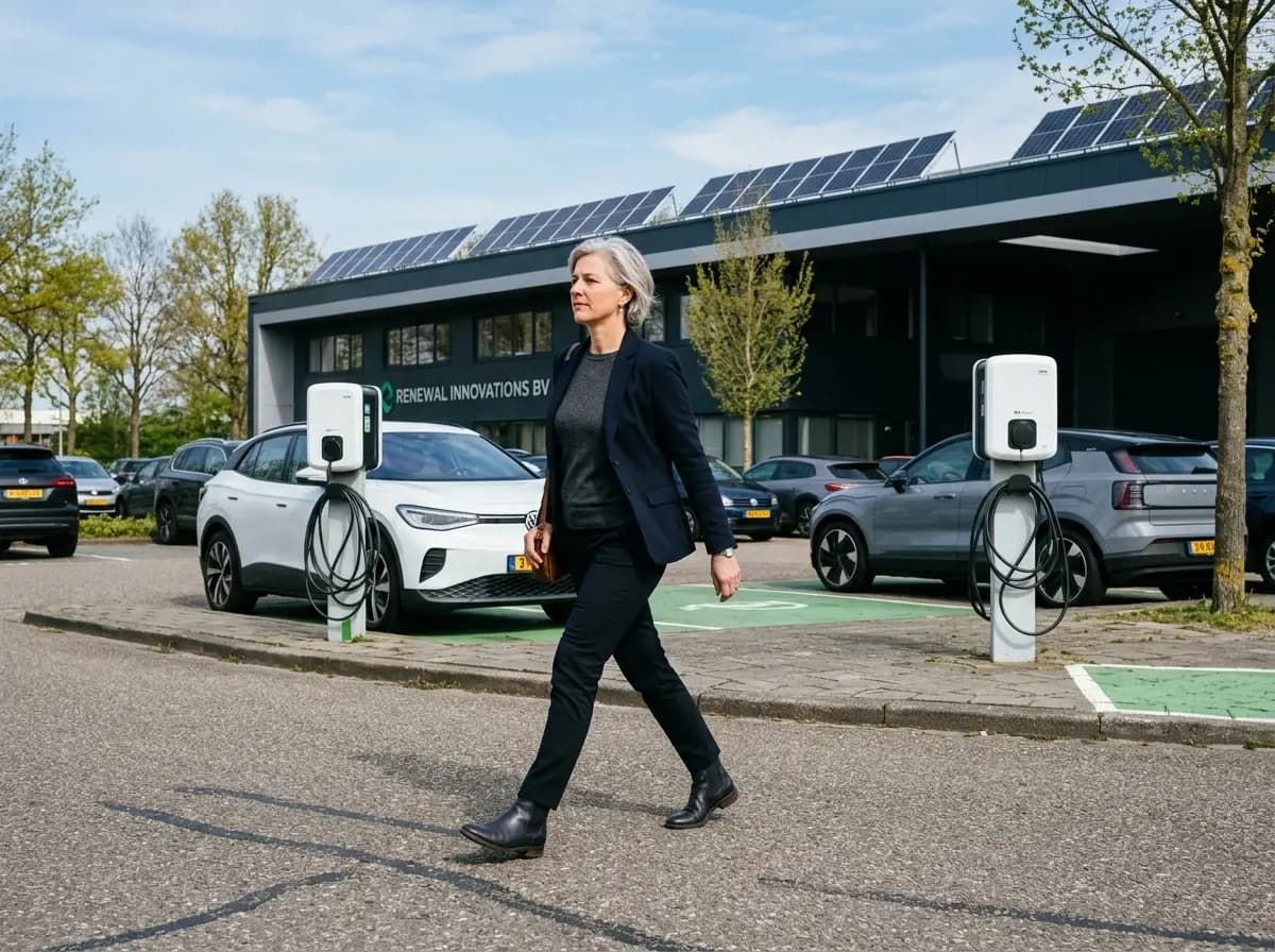 Ondernemer loopt over parkeerdek bij modern bedrijfspand met zonnepanelen en laadpalen