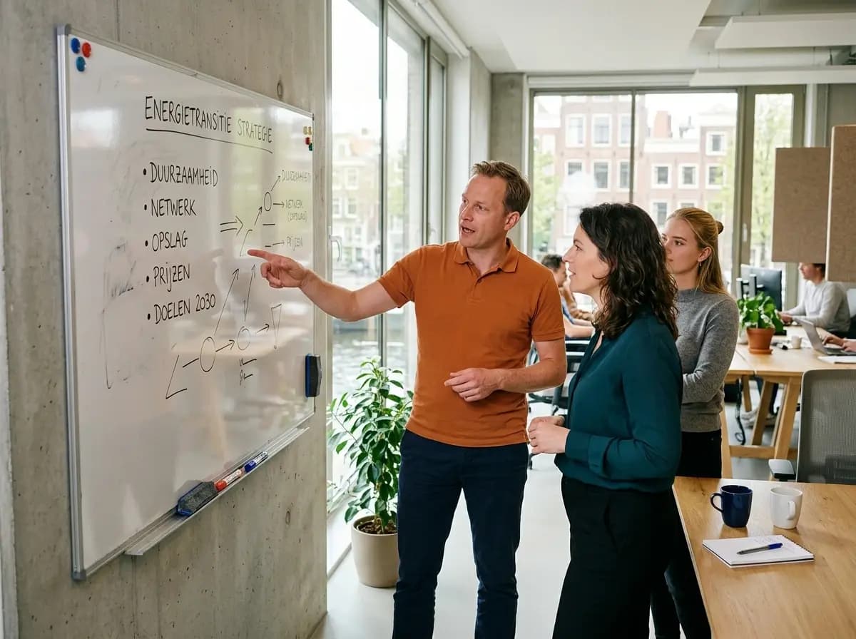 Team bespreekt congestiemanagement strategie op kantoor met energiedashboard