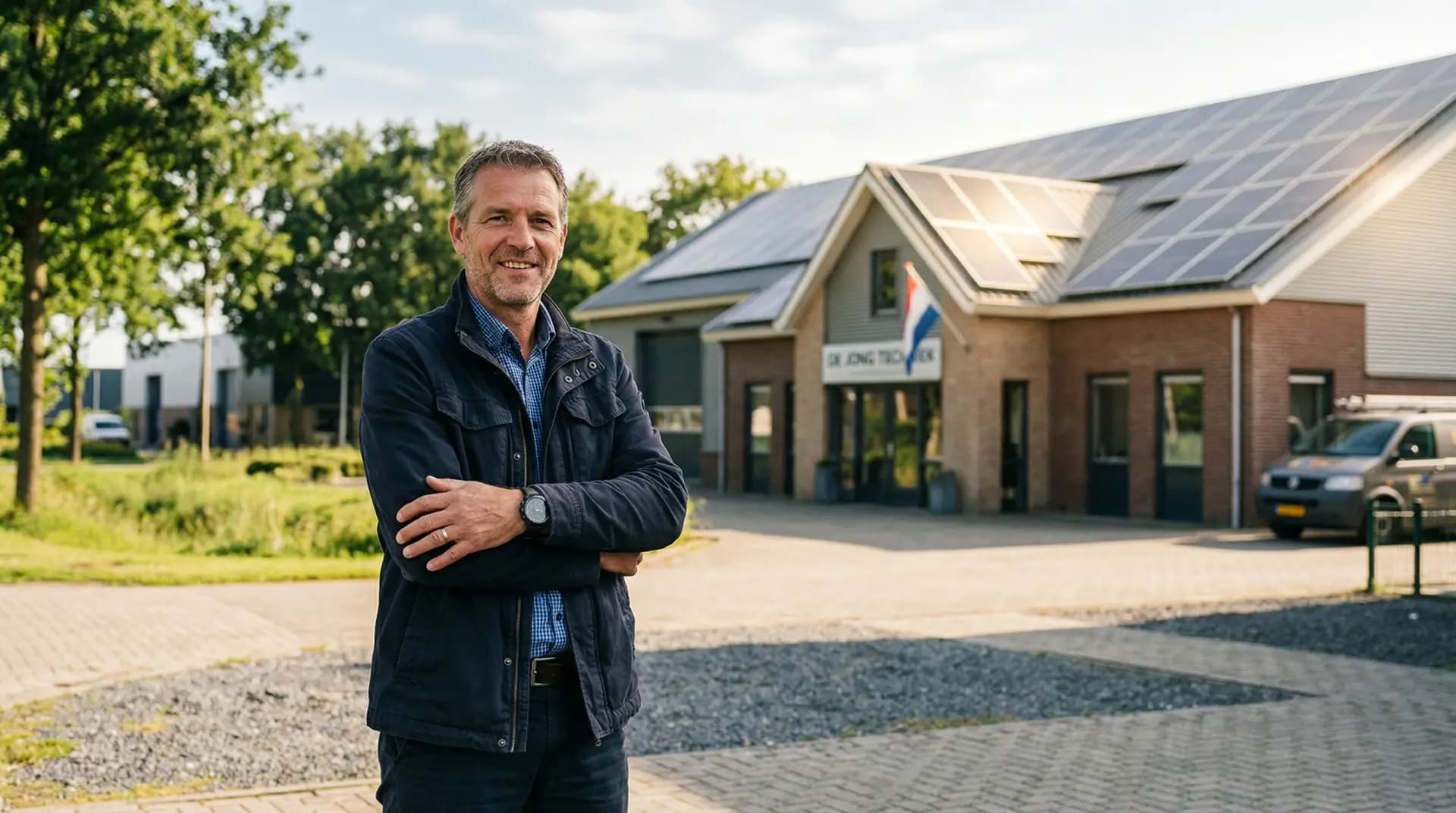 MKB-ondernemer op bedrijfsterrein met zonnepanelen op het dak bij energieopslagsysteem