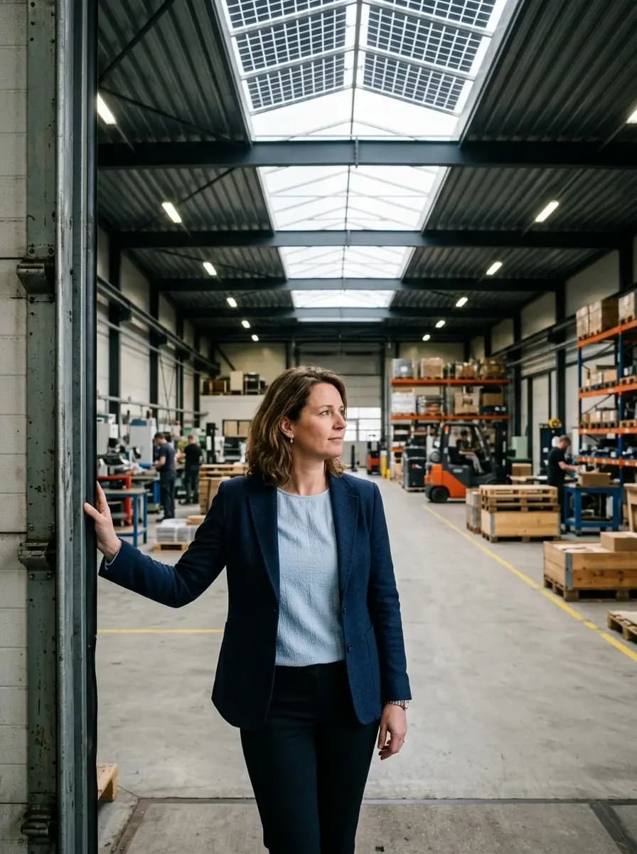 MKB-ondernemer in bedrijfshal met zonnepanelen op het dak
