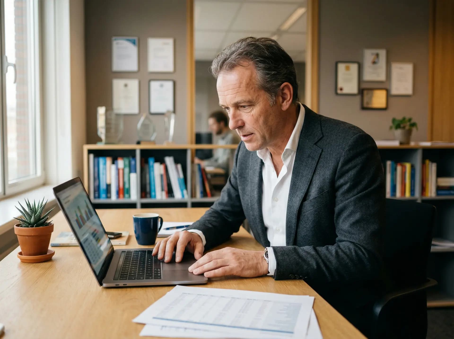 Ondernemer bekijkt ROI-berekening energiemanagement systeem op laptop in kantoor