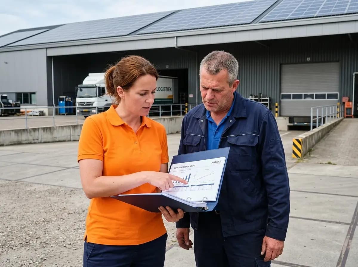 Energieadviseur bespreekt onbalansmarkt verdienmodel met MKB-ondernemer op bedrijfslocatie
