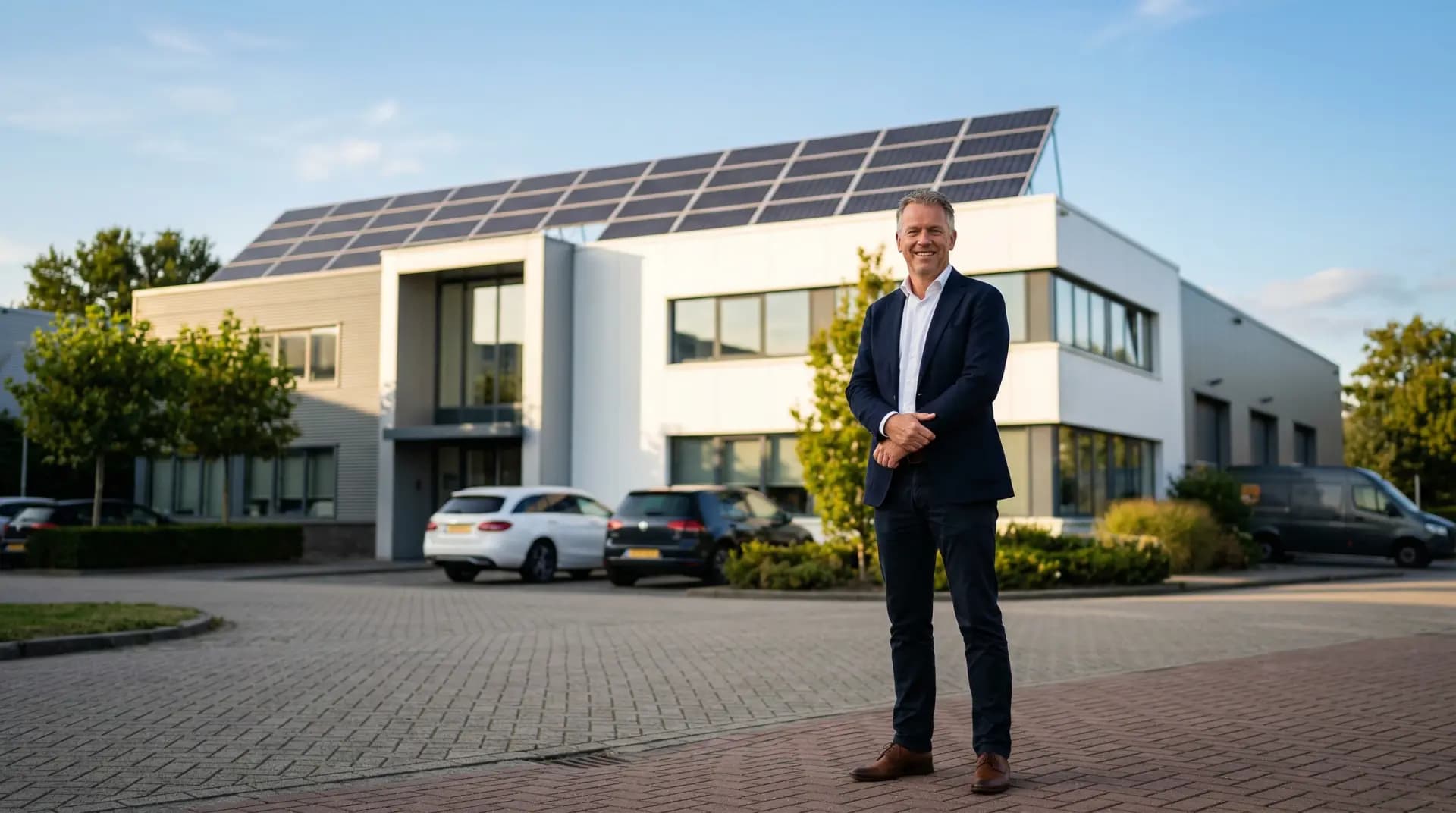 MKB-ondernemer bij bedrijfspand met energieopslagsysteem en zonnepanelen op het dak