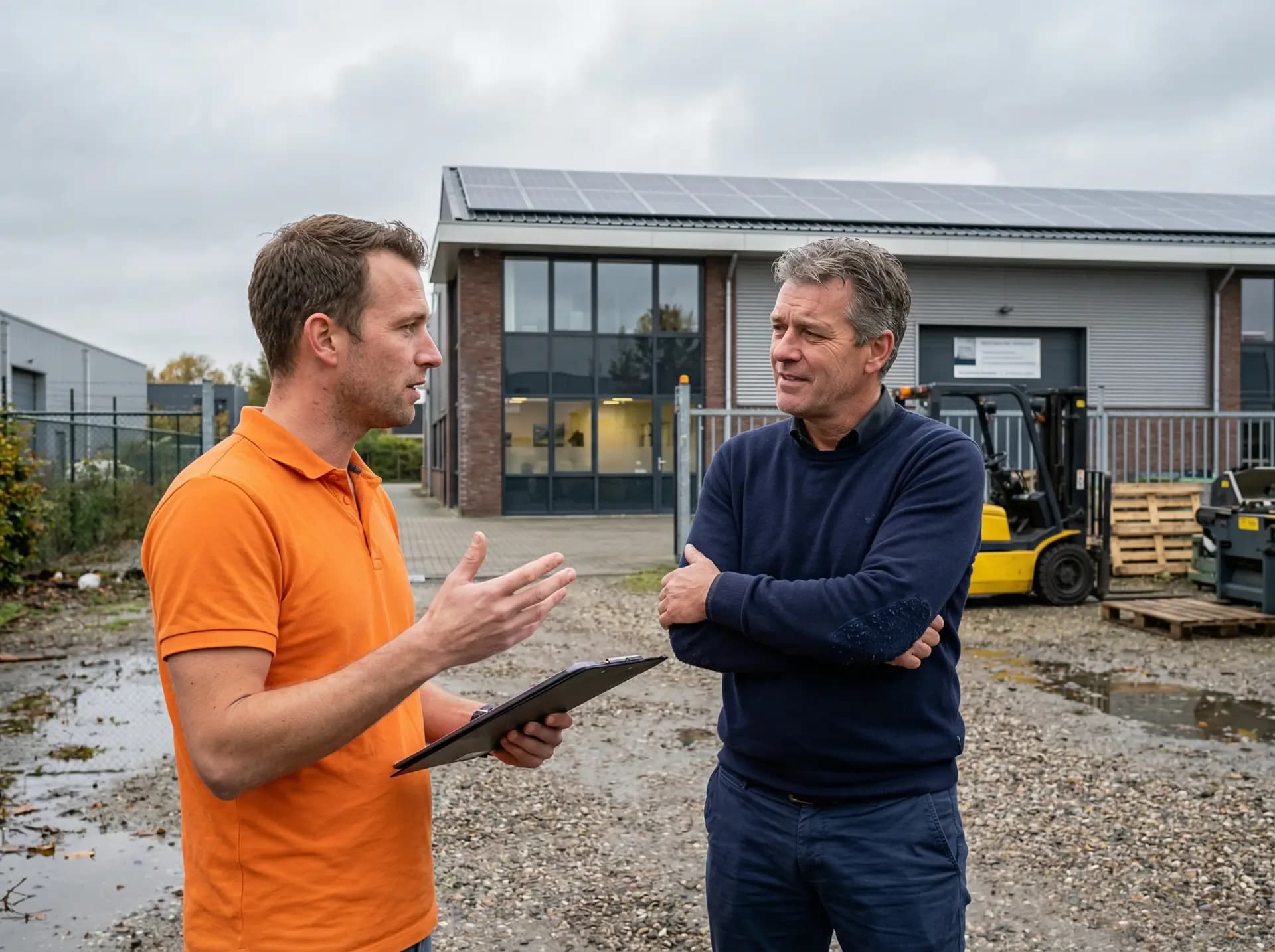 MKB-ondernemer voor bedrijfspand met zonnepanelen bespreekt energiemanagement met adviseur