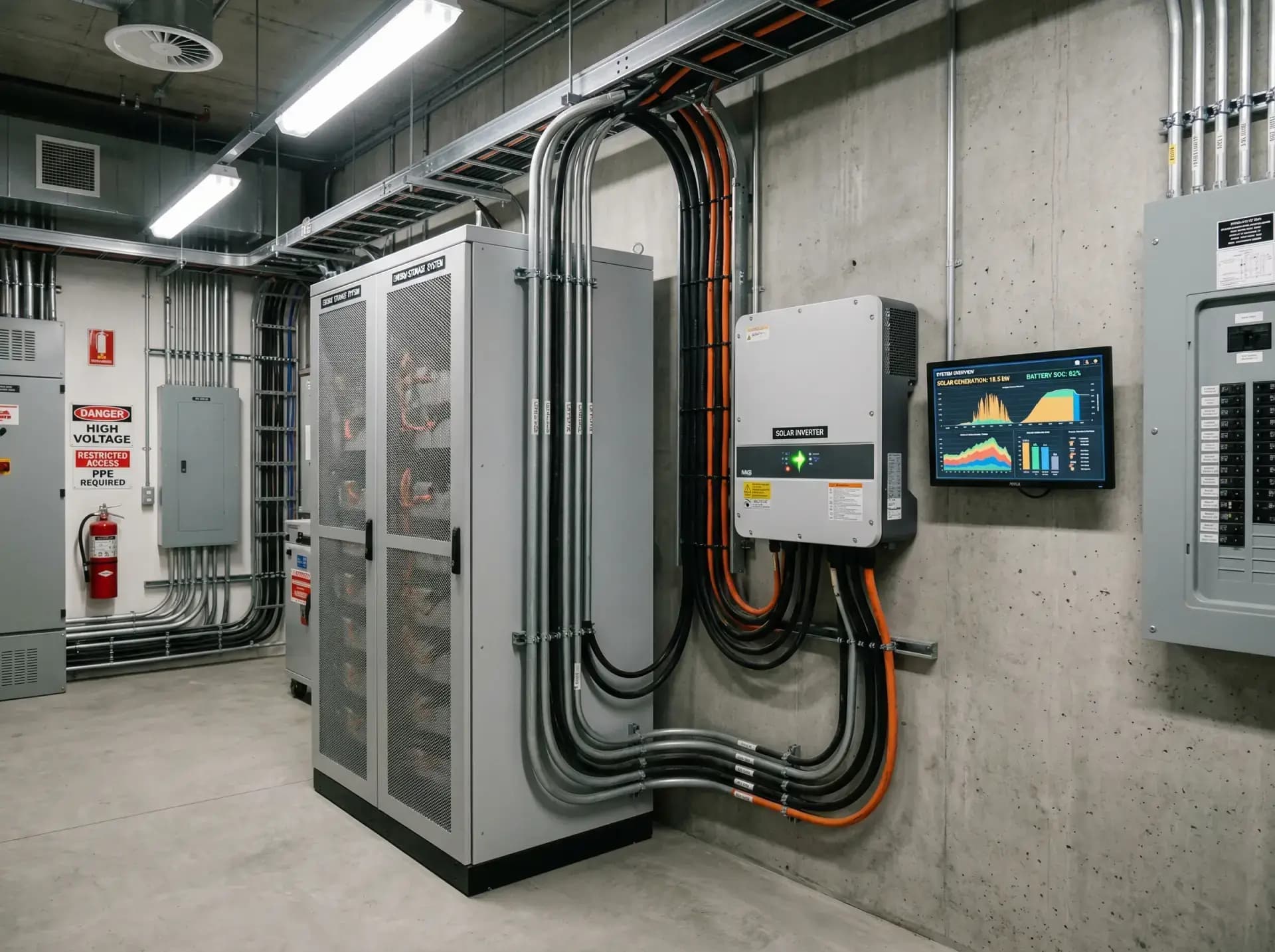 Technisch schema behind-the-meter energieopslag met zonnepanelen op bedrijfsdak