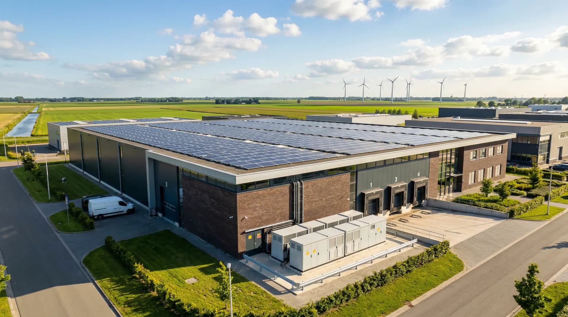 Bedrijfsdak met zonnepanelen en energieopslag