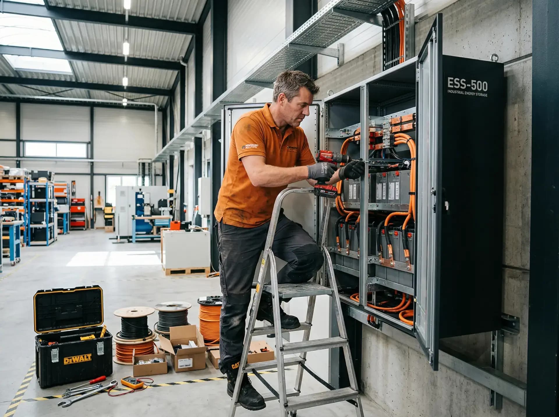 Installateur monteert zakelijk batterijopslagsysteem in bedrijfshal tegen netcongestie