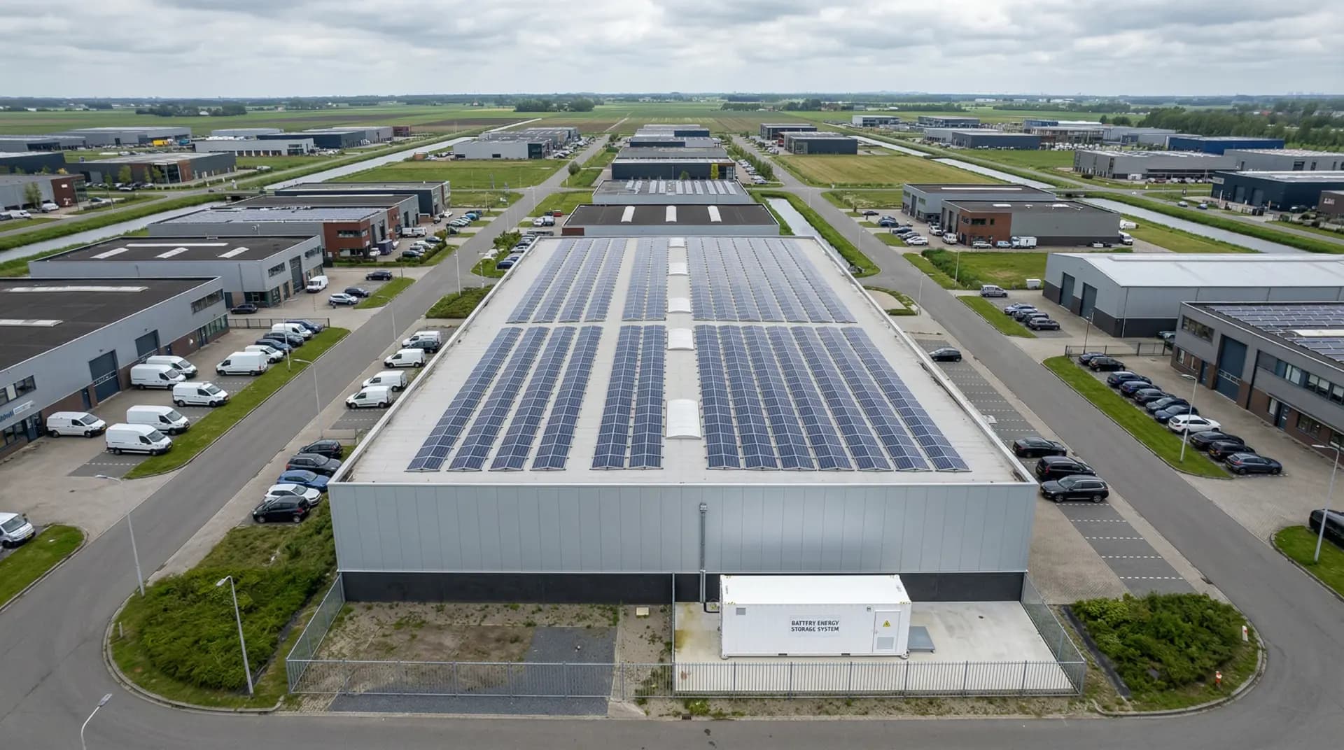 Bedrijfsdak met zonnepanelen en batterijopslag als netcongestie oplossing